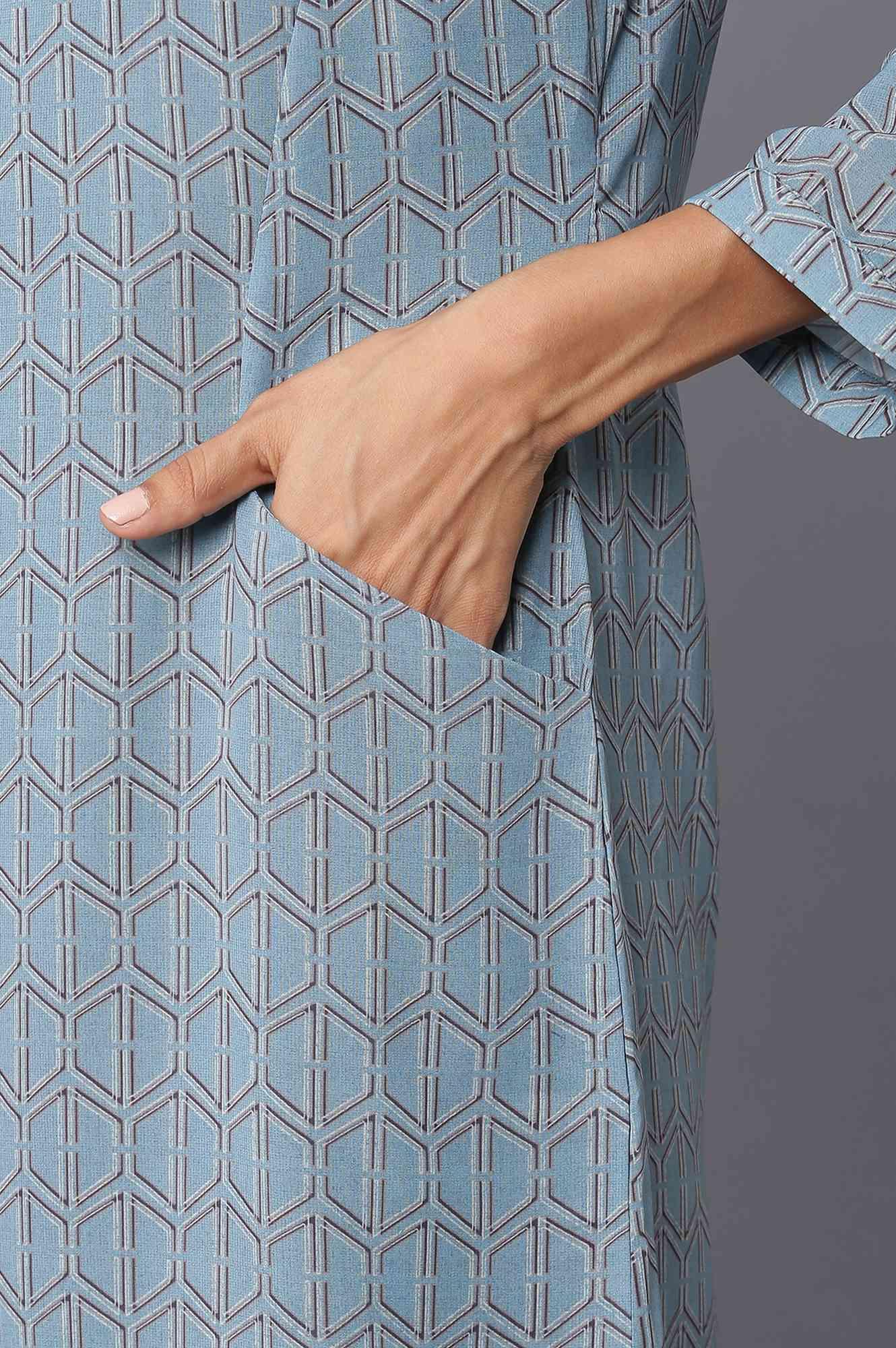 Light Teal Georgette Printed Dress With Cut Out Sleeves - Image 6