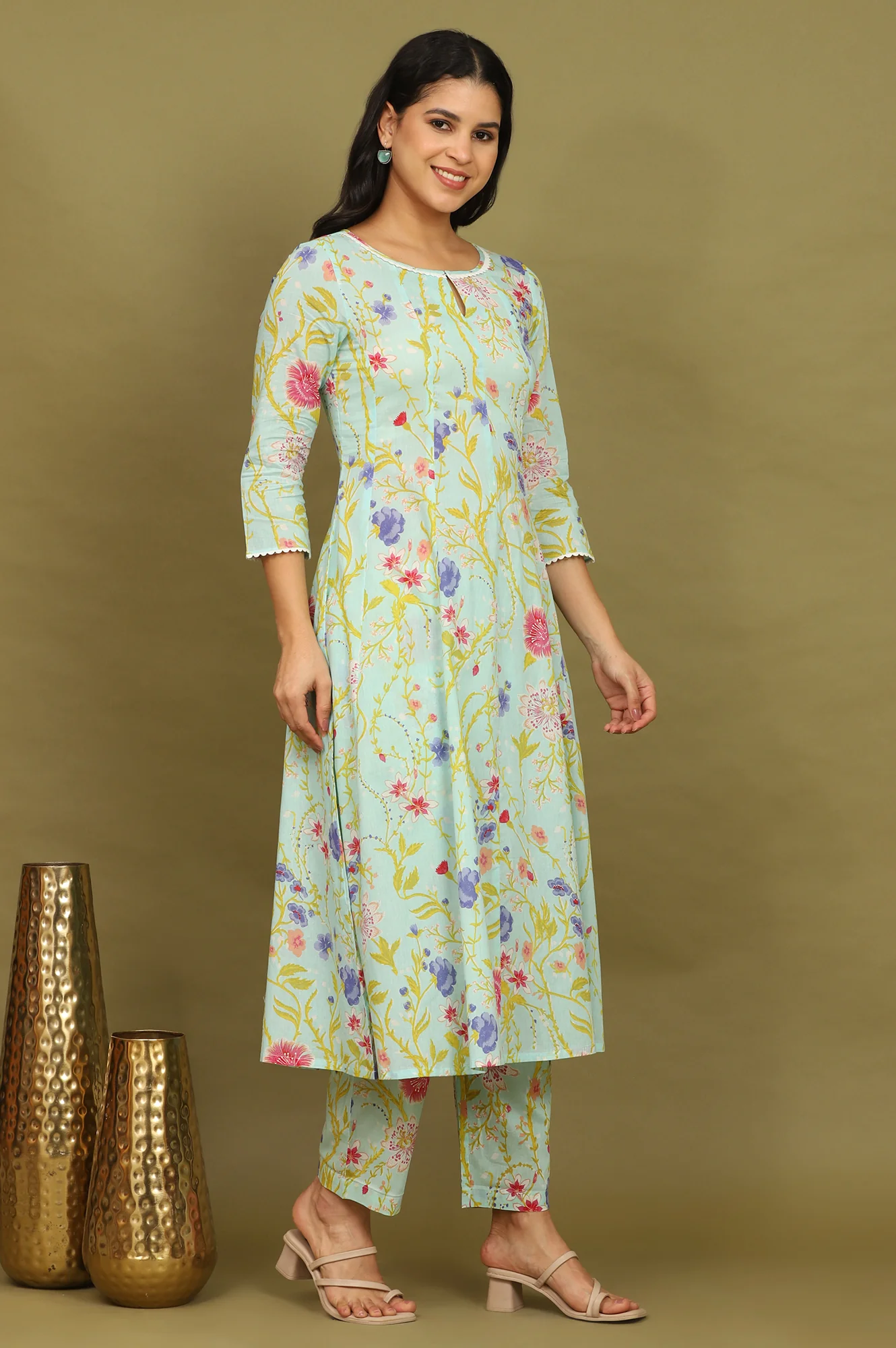Light Turqoise Blue Floral Printed Pure Cotton Flared Kurta, Pants and Dupatta Set - Image 7
