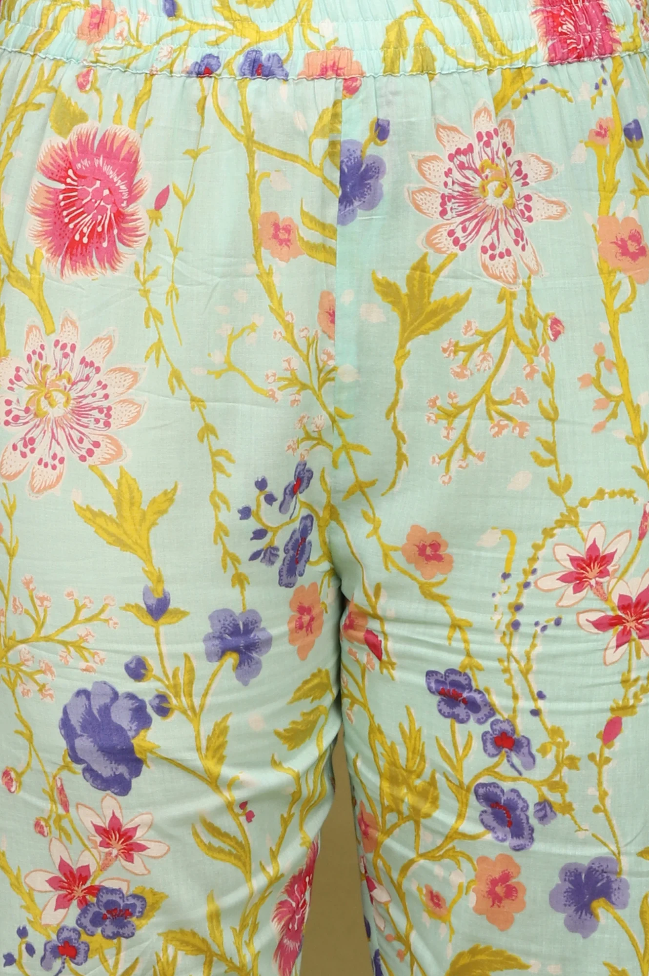 Light Turqoise Blue Floral Printed Pure Cotton Flared Kurta, Pants and Dupatta Set - Image 9