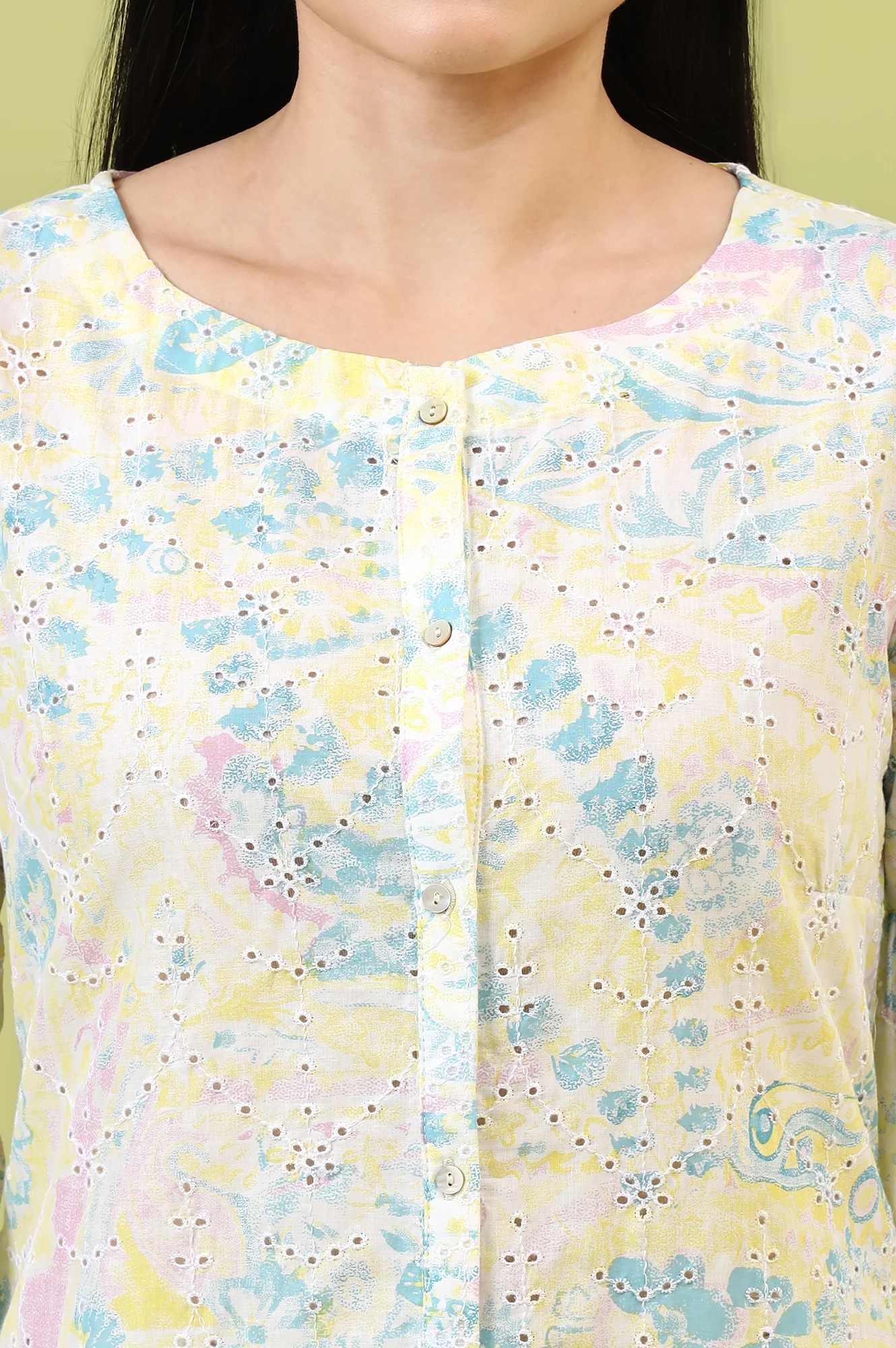 Light Yellow Floral Printed Schiffli Embroidered Fusion Top - Image 3