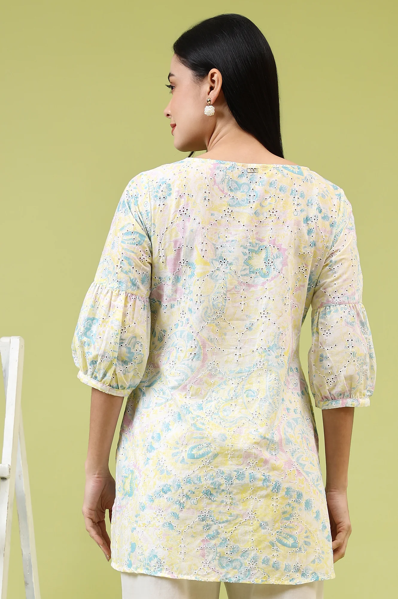 Light Yellow Floral Printed Schiffli Embroidered Fusion Top - Image 5