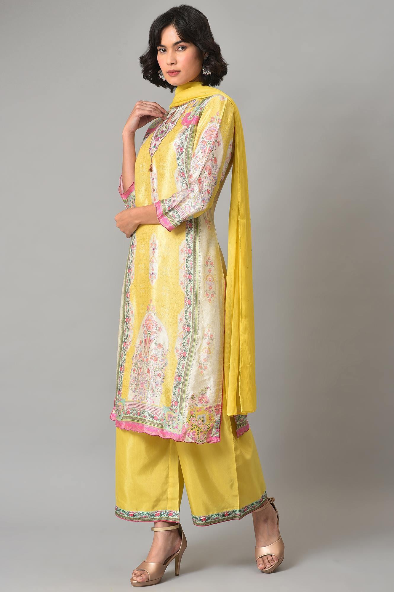 Light Yellow Printed kurta With Parallel Pants And Chiffon Dupatta - Image 3