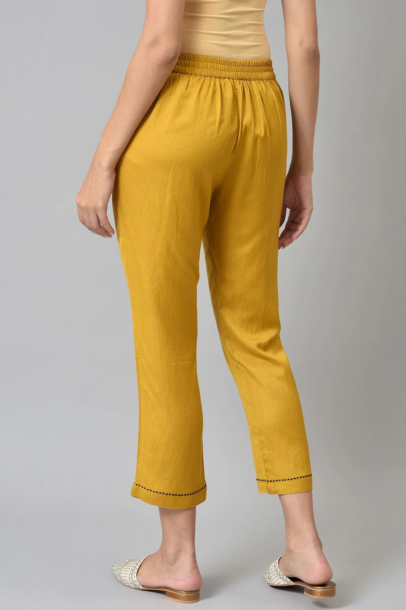 Light Yellow Solid Thread Embroidered Pure Cotton A-Line Kurta and Straight Pant Set - Image 6