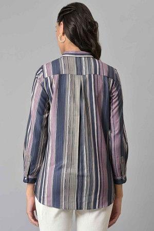 Lilac And Green Stripe Printed Rayon Shirt - Image 2