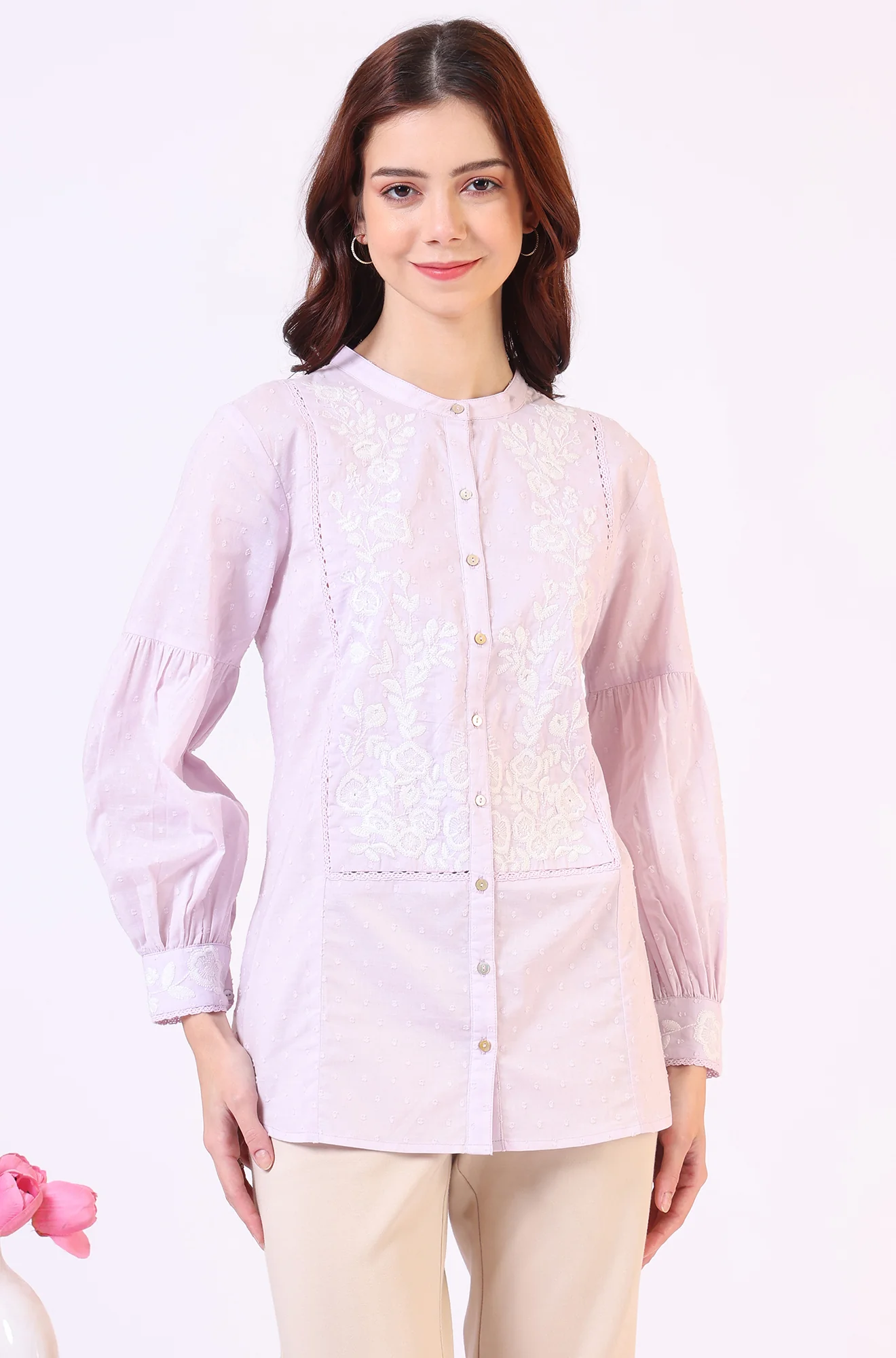 Lilac Yoke Embroidered Button Down Top With Lace Detail - Image 2