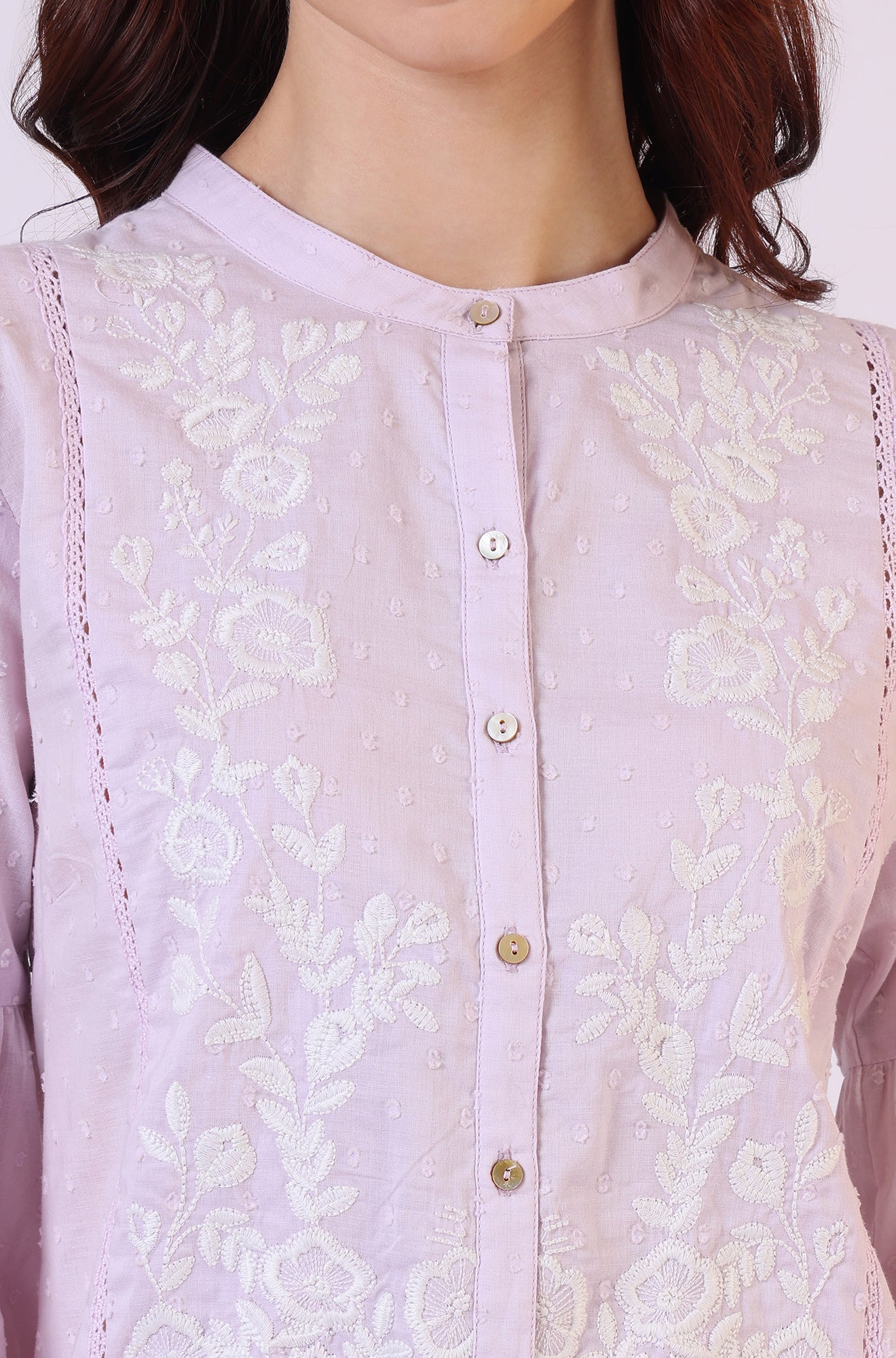 Lilac Yoke Embroidered Button Down Top With Lace Detail - Image 3