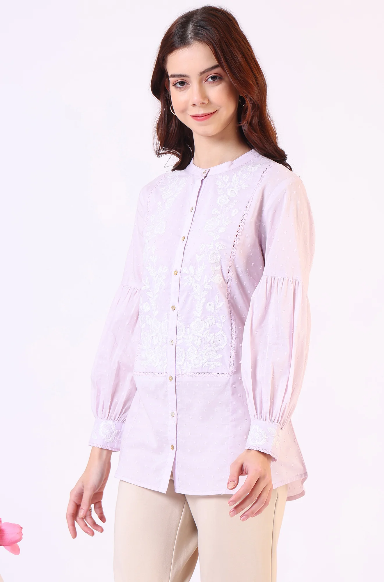 Lilac Yoke Embroidered Button Down Top With Lace Detail - Image 4