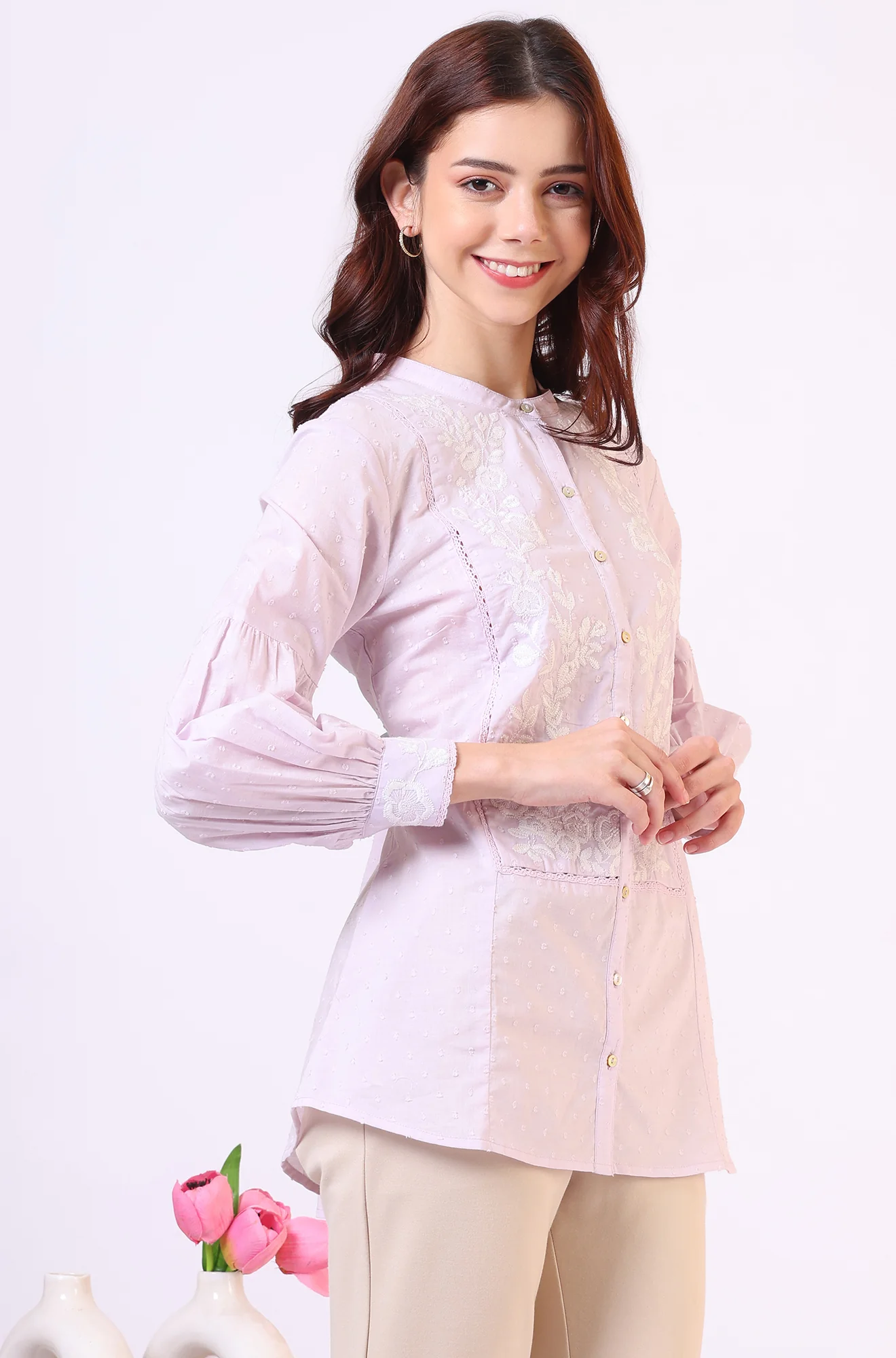 Lilac Yoke Embroidered Button Down Top With Lace Detail - Image 6