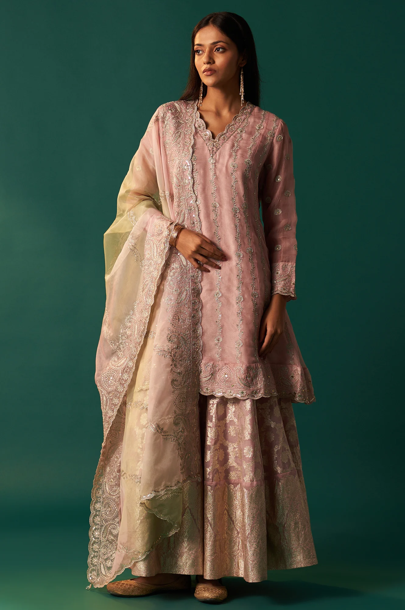 Lilac Embroidered Panelled Silk Organza Short Kurta with Culotte and Dupatta Set - Image 3