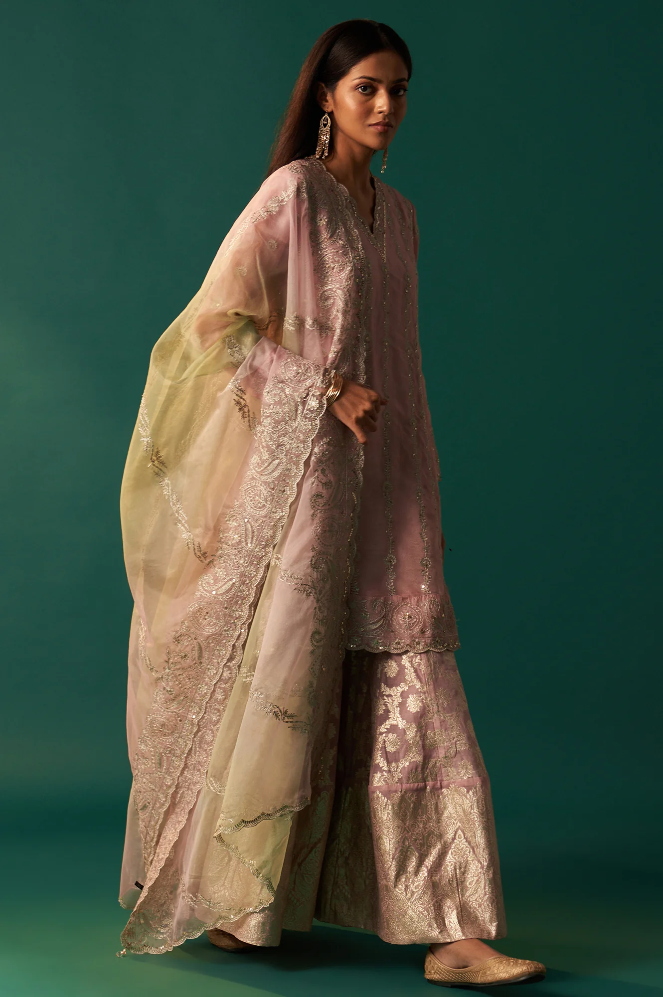 Lilac Embroidered Panelled Silk Organza Short Kurta with Culotte and Dupatta Set - Image 7