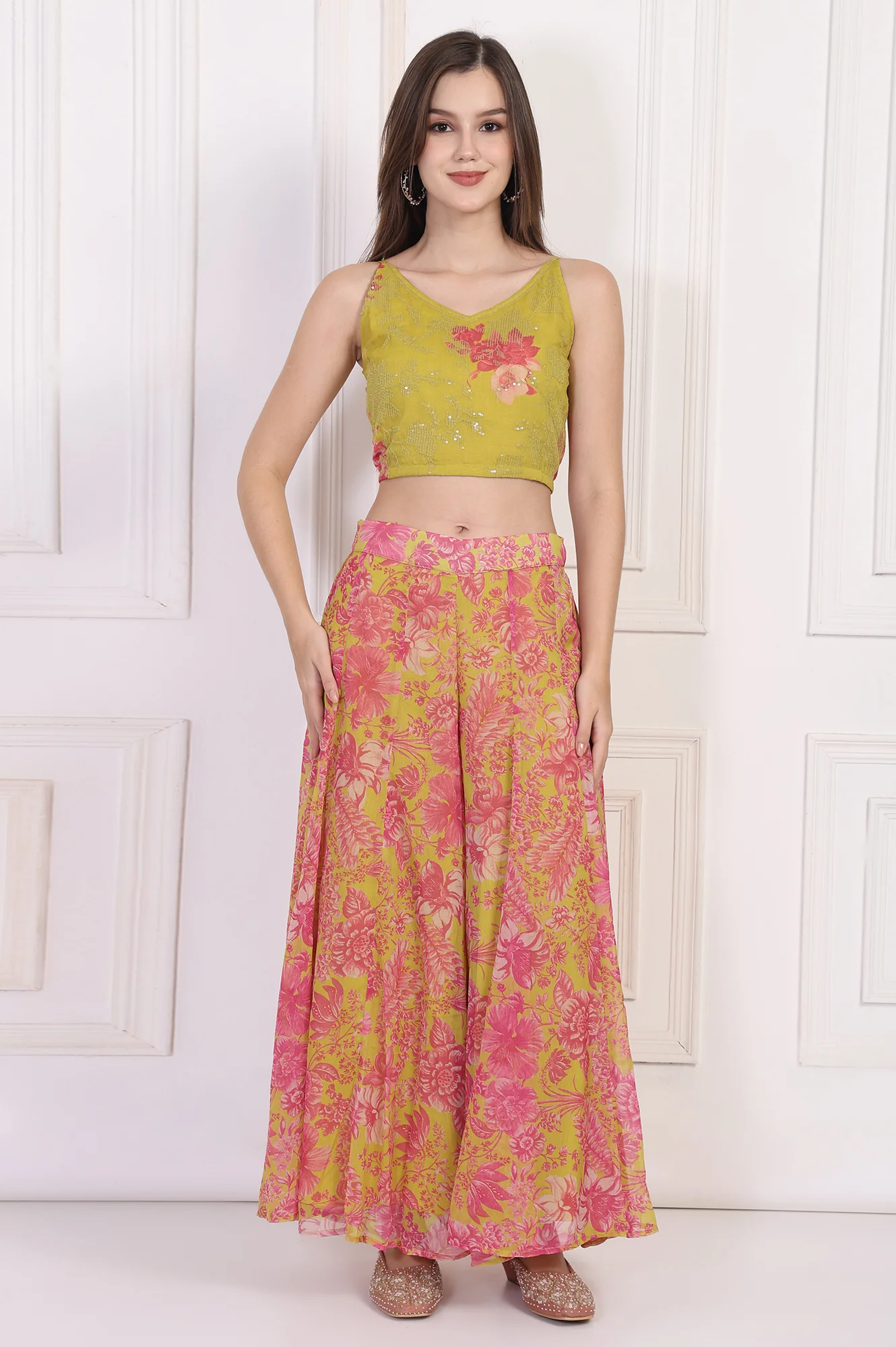 Lime Green Embroidered Crop Top with Culottes and Dupatta Set - Image 6