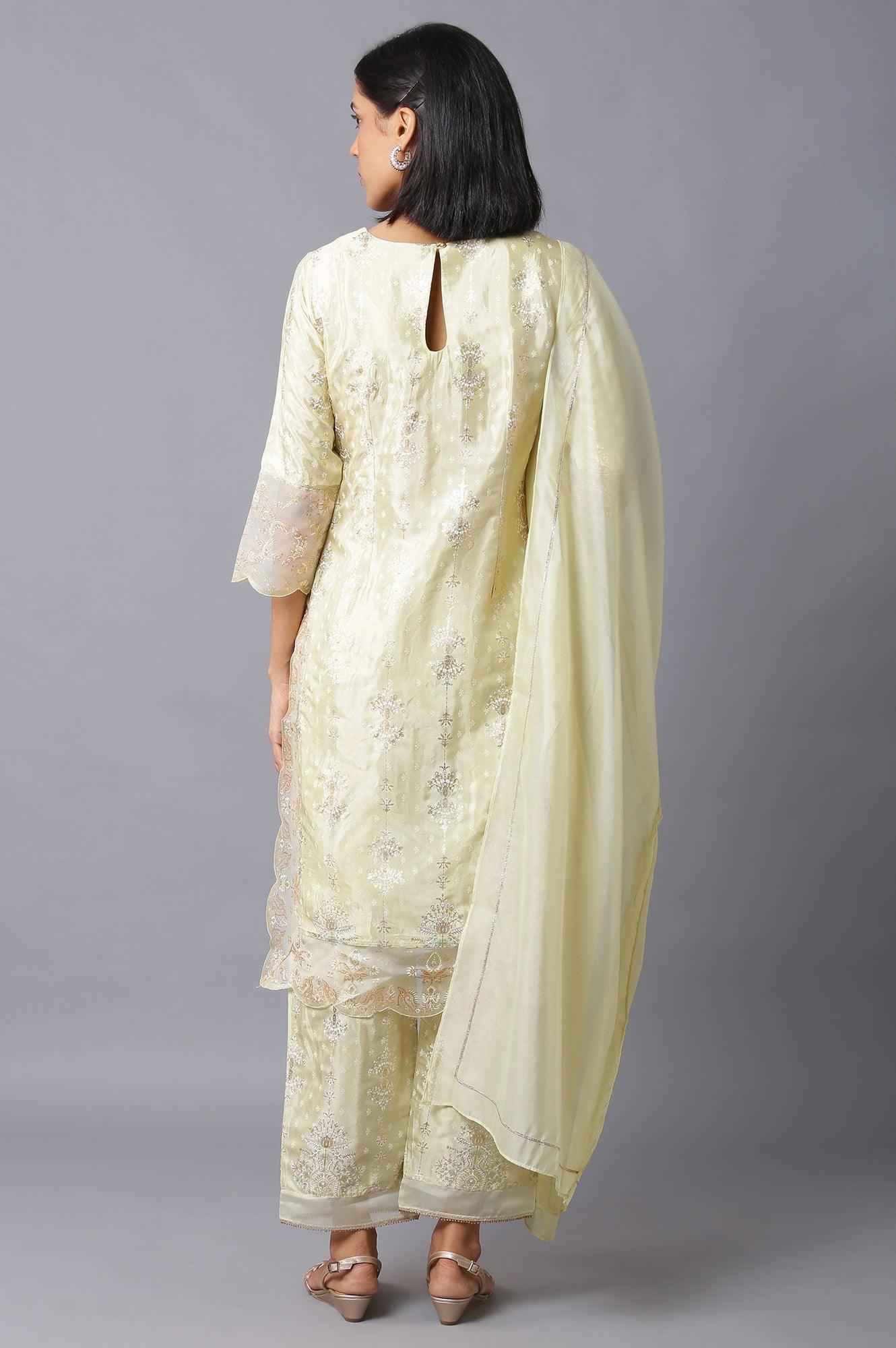 Lime Green Embroidered kurta With Parallel Pants And Dupatta - Image 2
