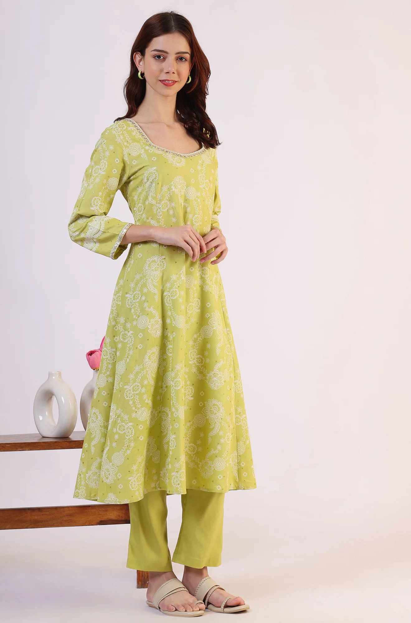 Lime Green Floral Printed Sequined Rayon Anarkali Kurta, Straight Pants and Dupatta Set - Image 7