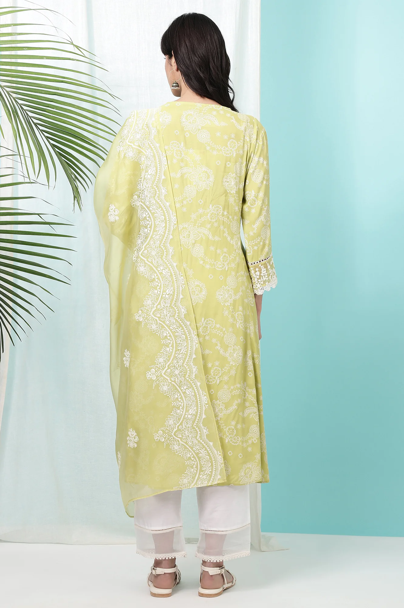 Lime Green Floral Printed Shantung Flared Kurta, Straight Pants and Dupatta Set - Image 6