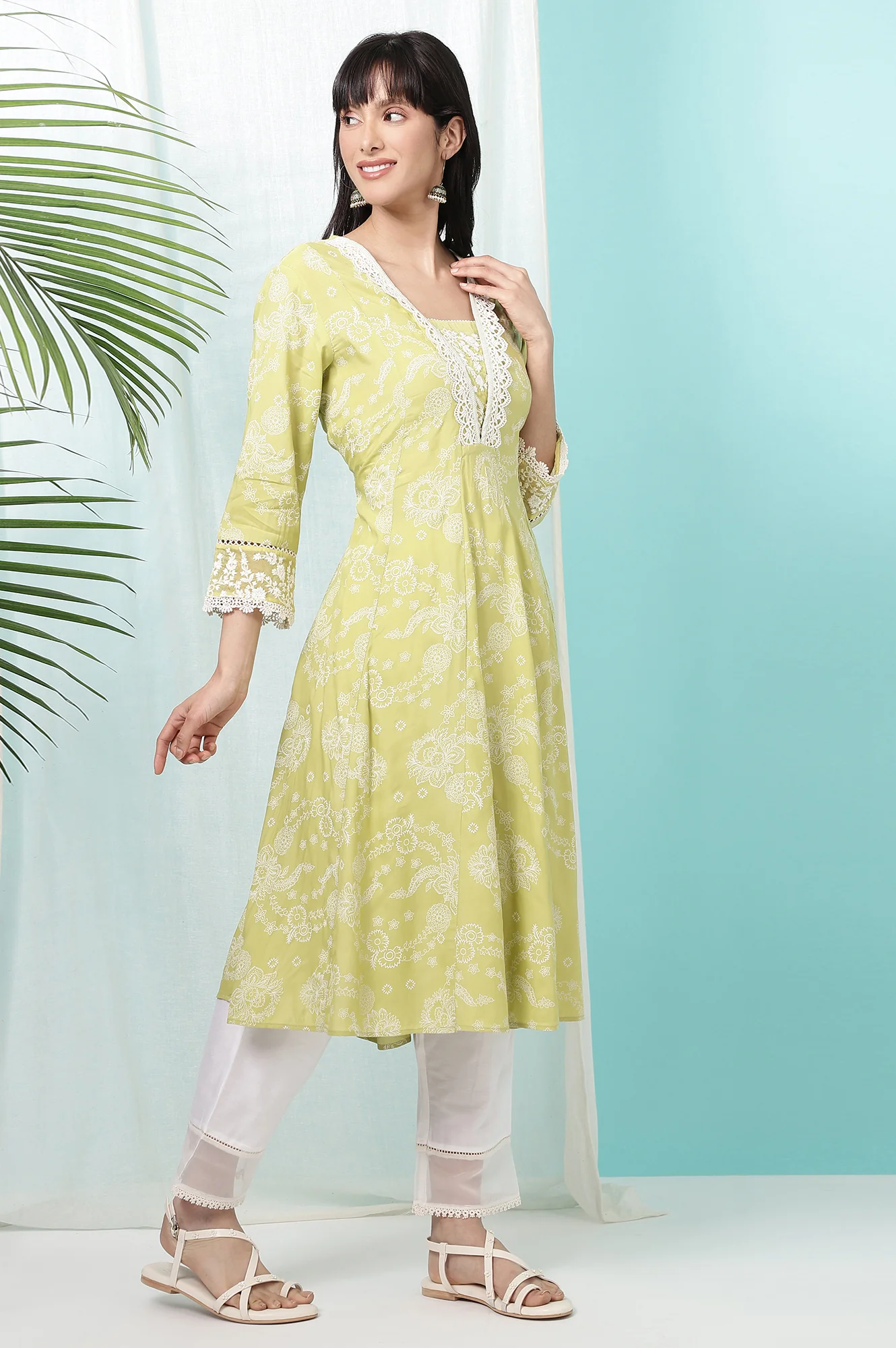 Lime Green Floral Printed Shantung Flared Kurta, Straight Pants and Dupatta Set - Image 7