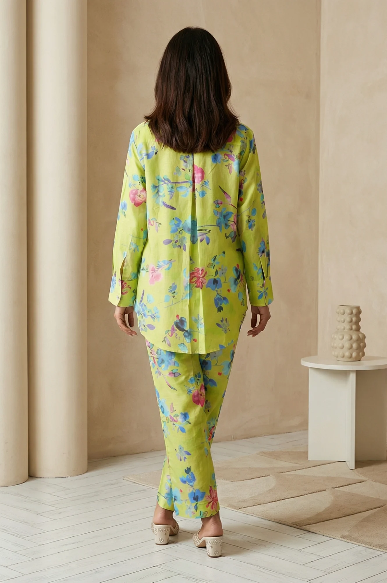 Lime Green Floral Printed Straight Shirt with Pants Co-ord Set - Image 4