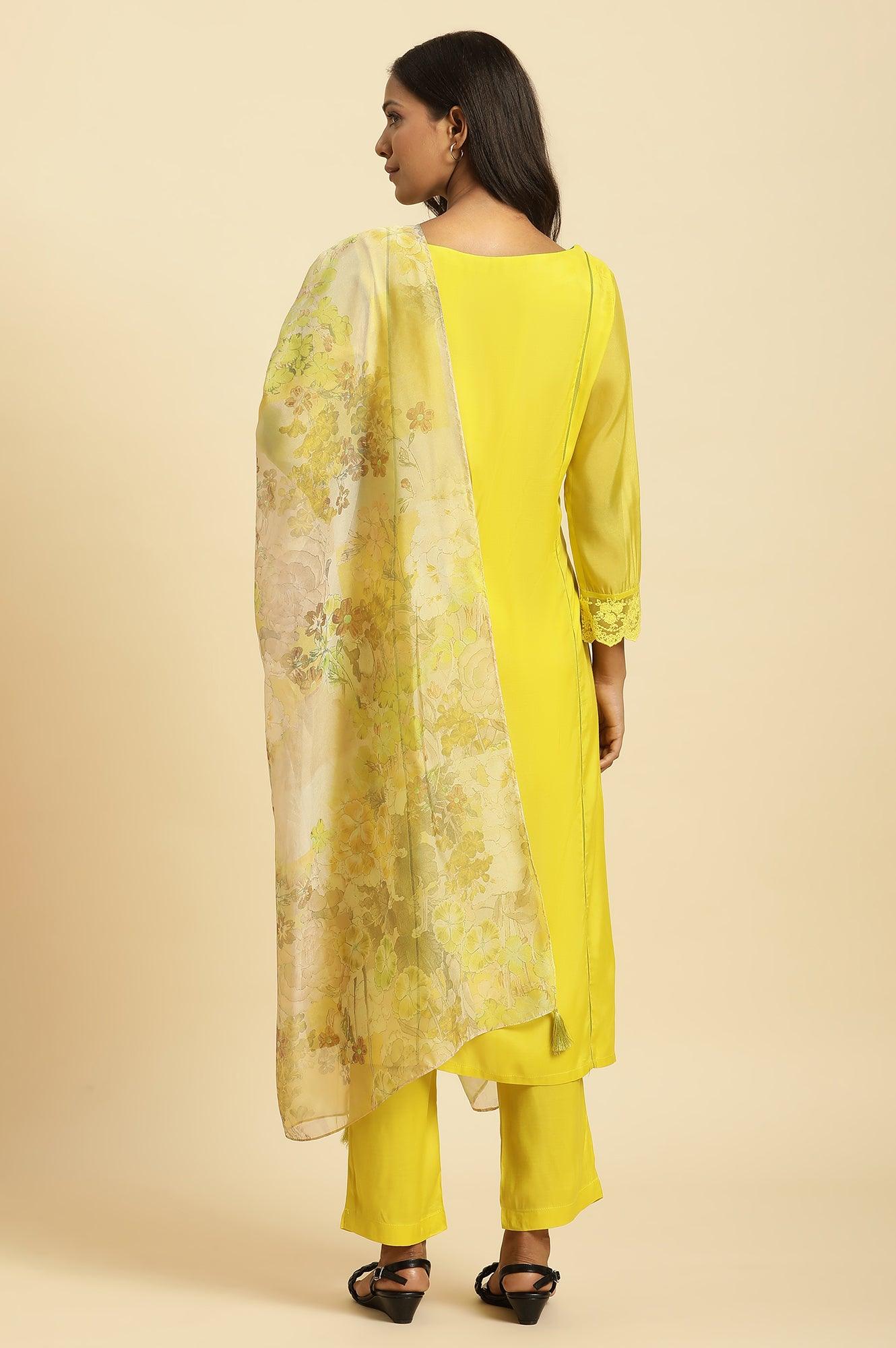 Lime Green Lace Kurta Pants and Dupatta Set - Image 4