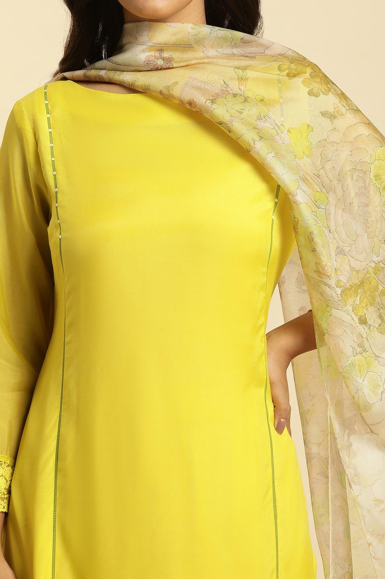Lime Green Lace Kurta Pants and Dupatta Set - Image 6