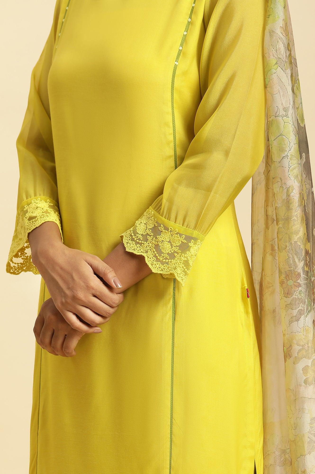 Lime Green Lace Kurta Pants and Dupatta Set - Image 7