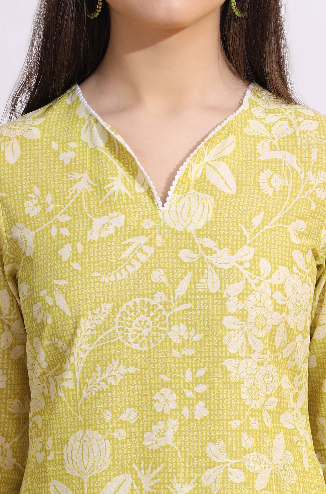 Lime Yellow Bold Floral Printed Cotton Cambric Straight Kurta - Image 4