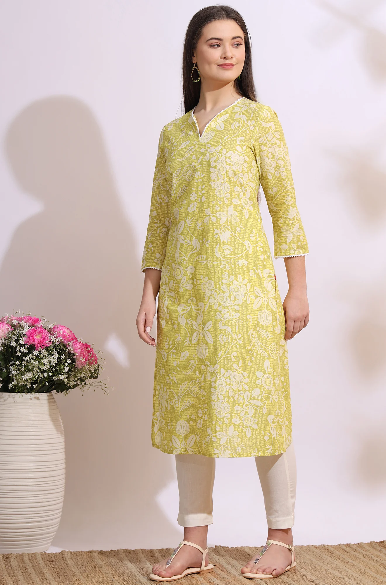 Lime Yellow Bold Floral Printed Cotton Cambric Straight Kurta - Image 5