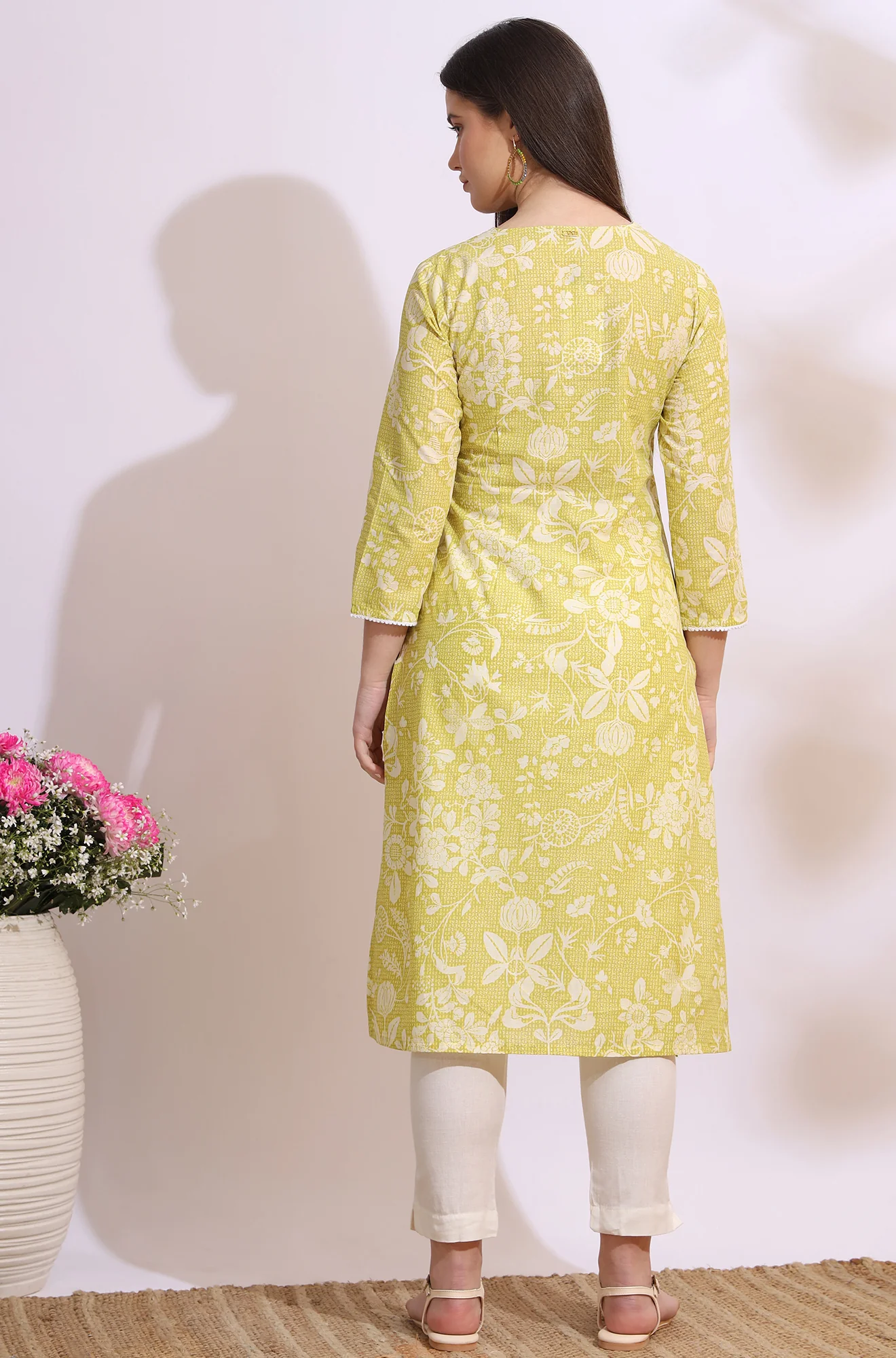 Lime Yellow Bold Floral Printed Cotton Cambric Straight Kurta - Image 6