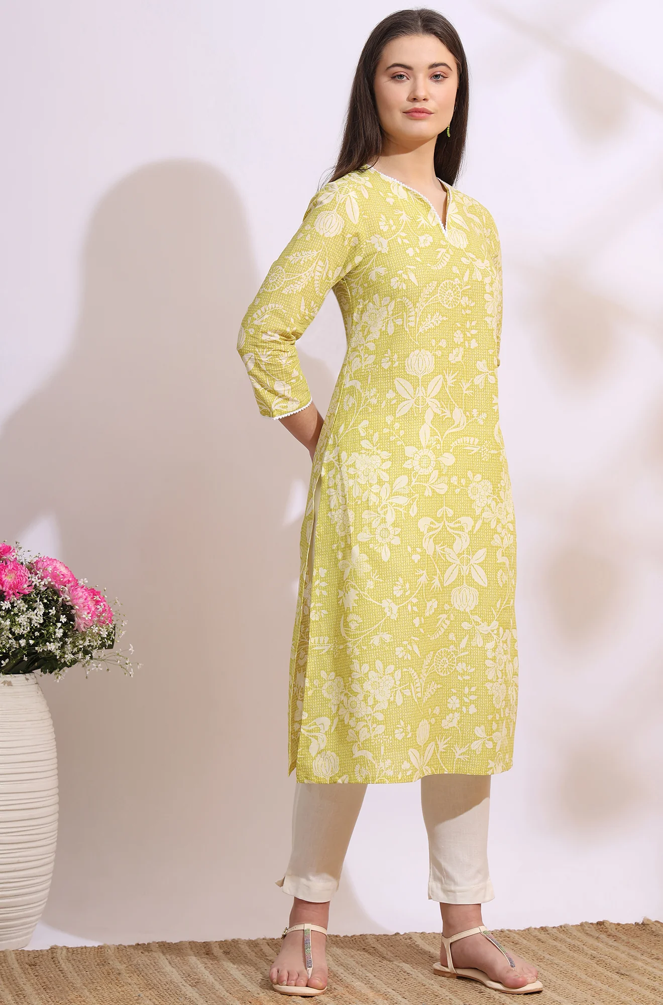 Lime Yellow Bold Floral Printed Cotton Cambric Straight Kurta - Image 7