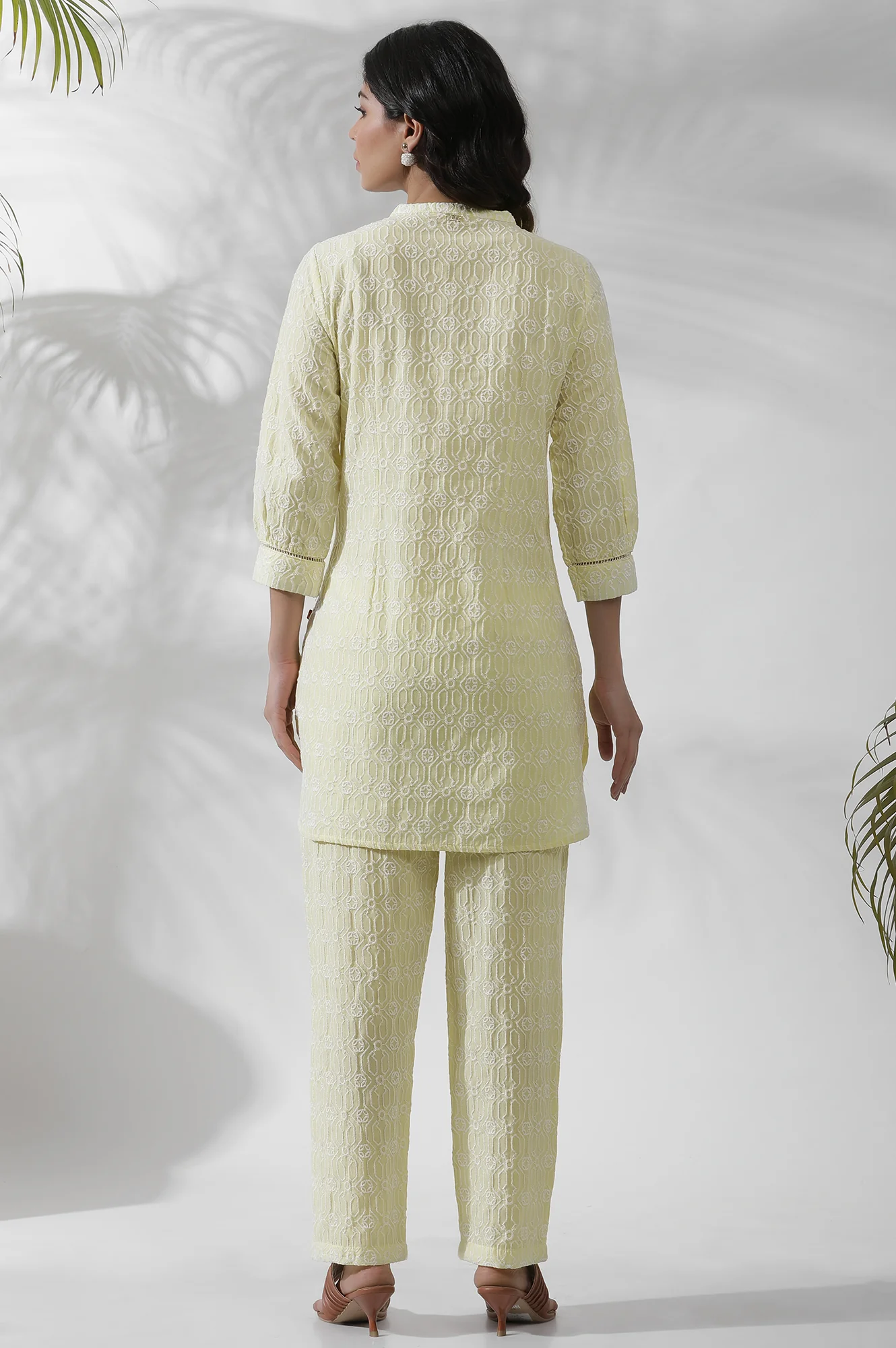 Lime Yellow Short Embroidered Kurta And Pants Set - Image 4