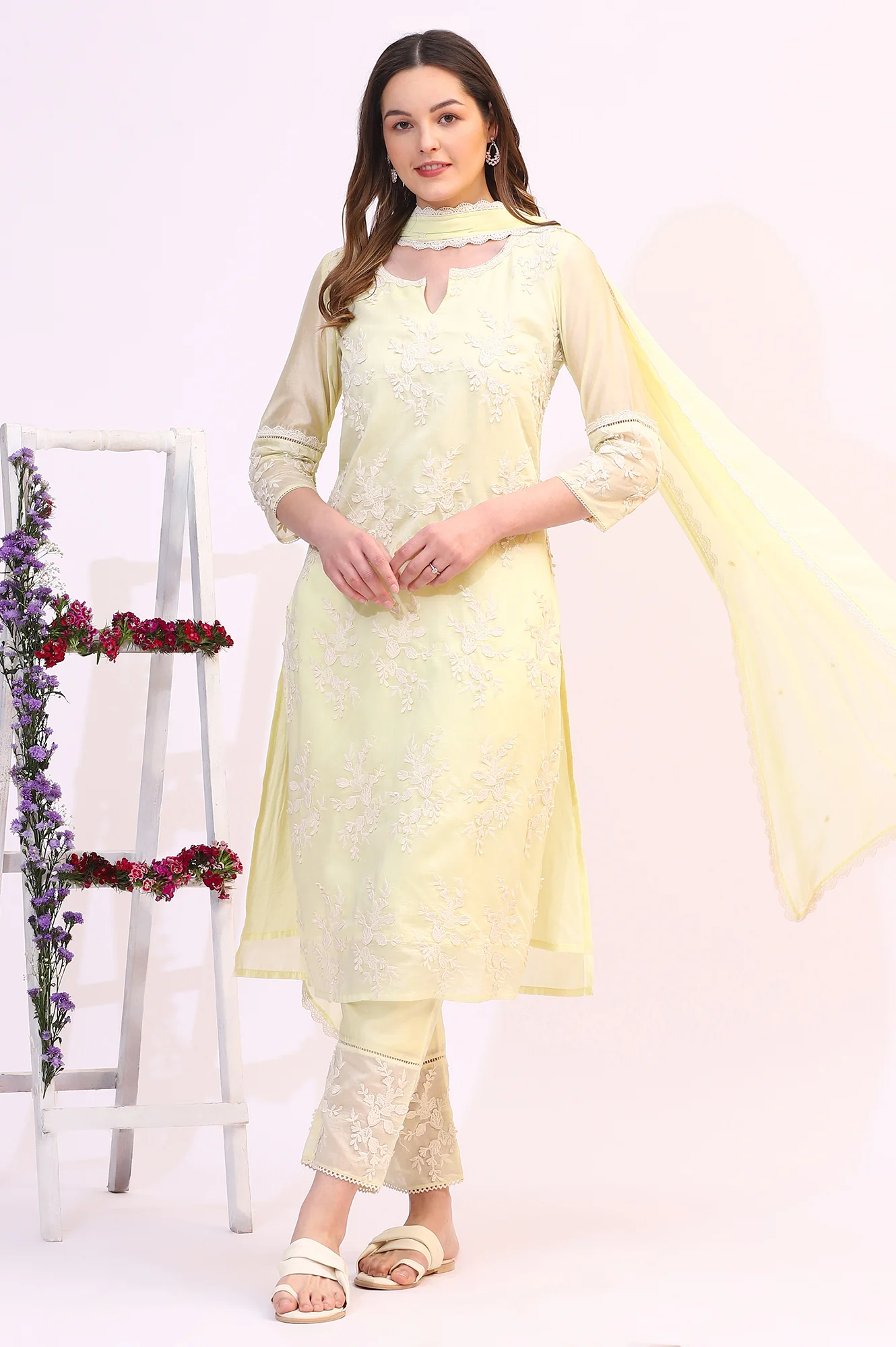 Lime Yellow Thread Embroidered Straight Kurta, Pants and Dupatta Set - Image 2