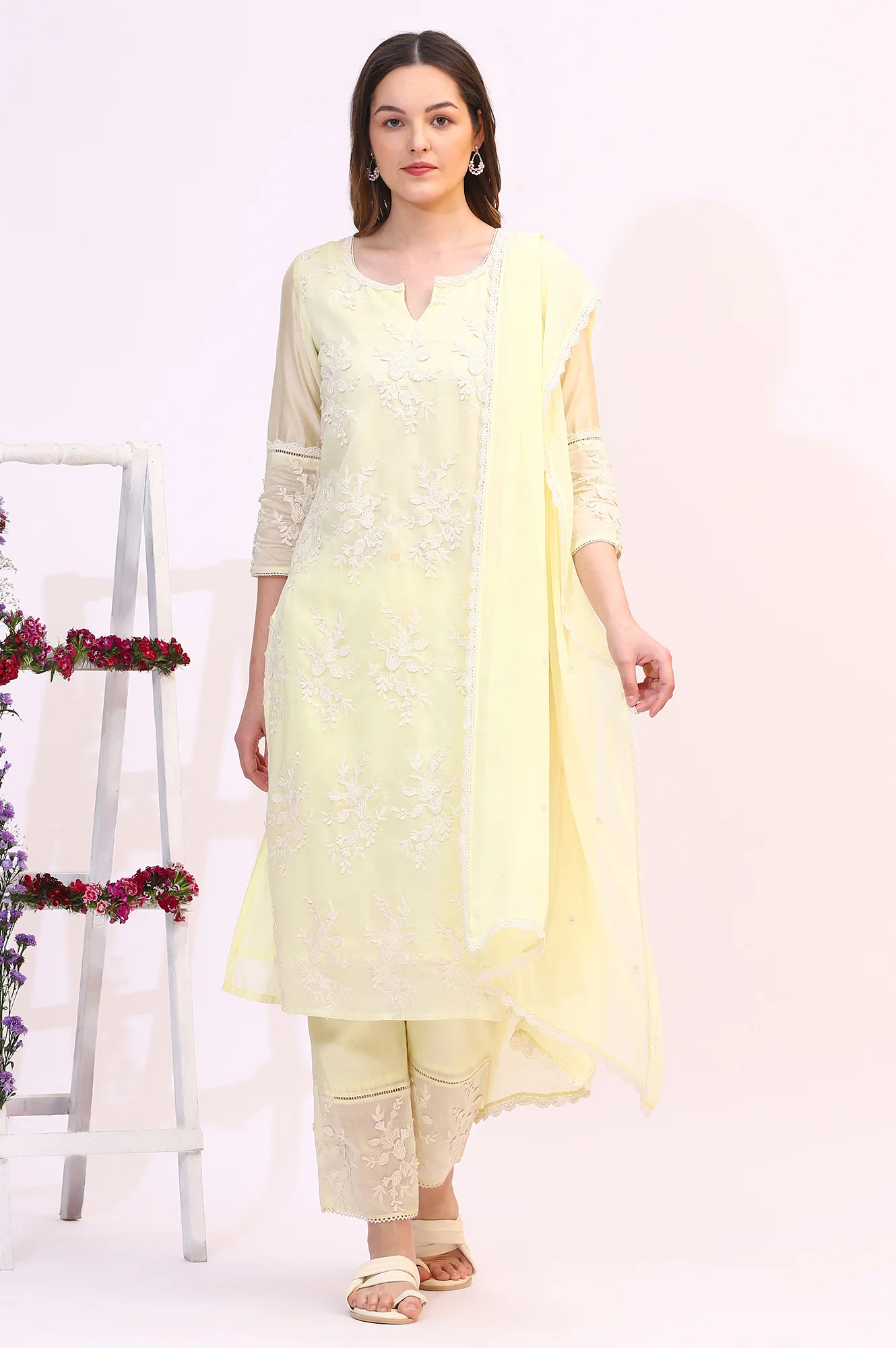 Lime Yellow Thread Embroidered Straight Kurta, Pants and Dupatta Set - Image 3