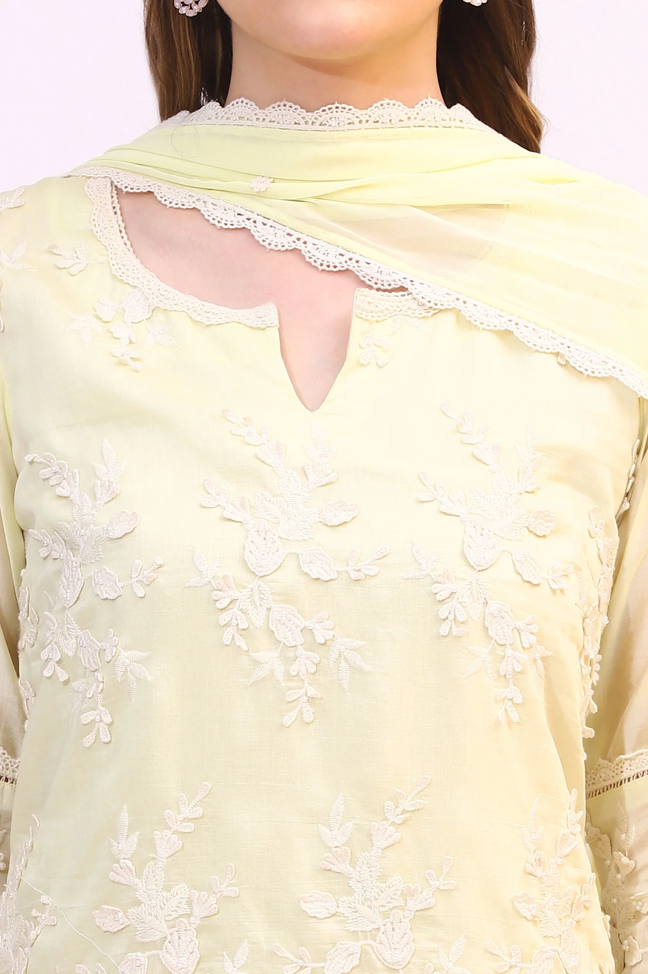 Lime Yellow Thread Embroidered Straight Kurta, Pants and Dupatta Set - Image 4