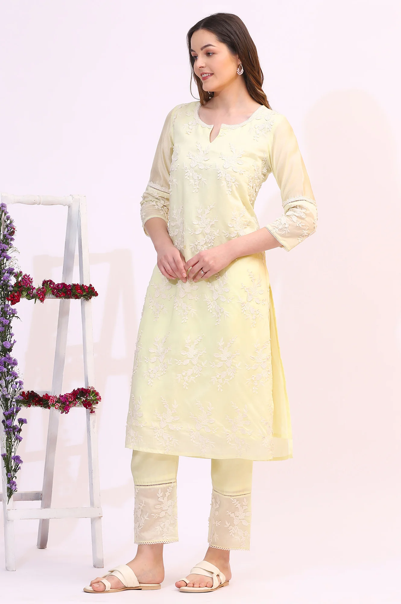 Lime Yellow Thread Embroidered Straight Kurta, Pants and Dupatta Set - Image 5