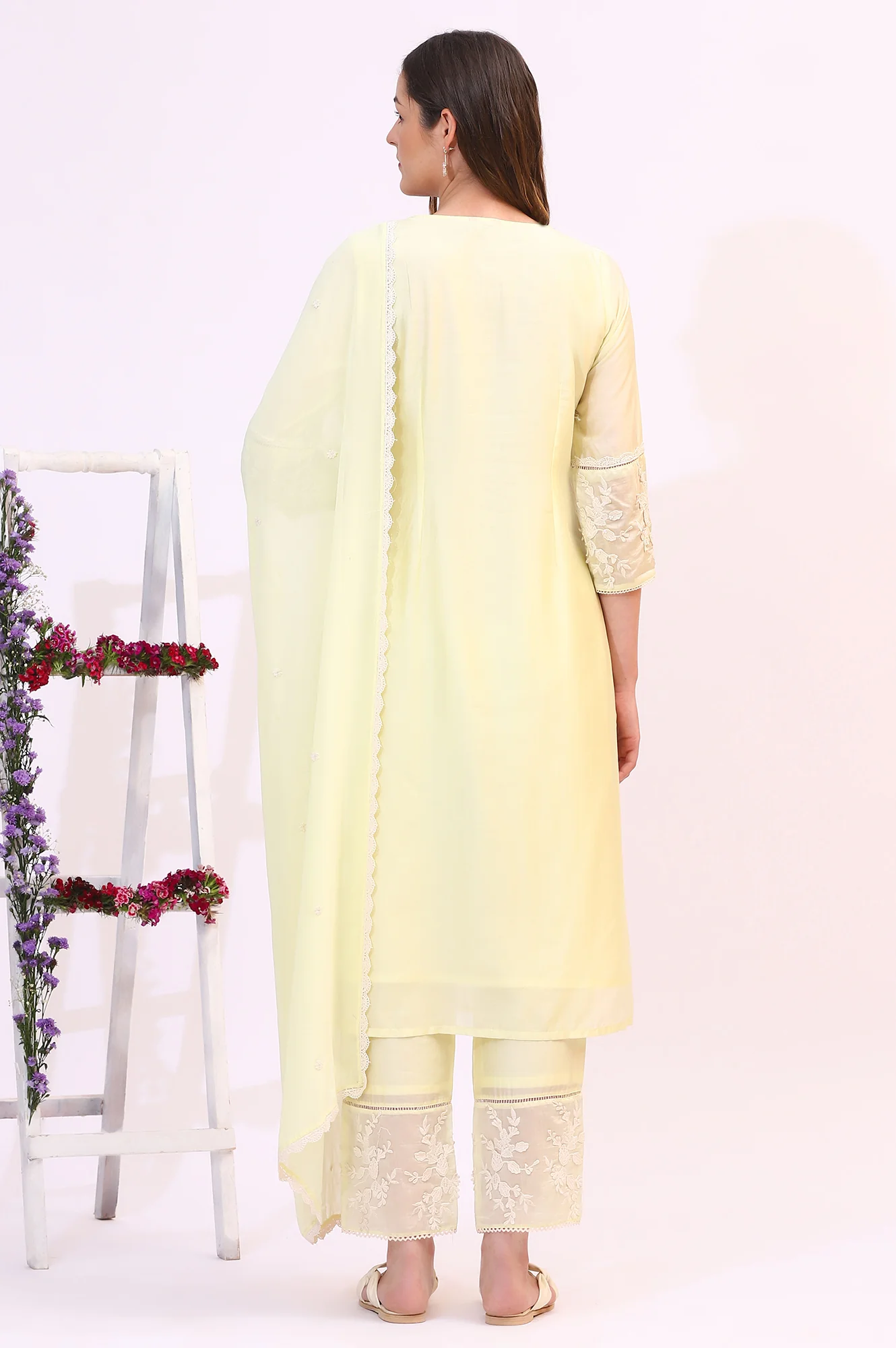Lime Yellow Thread Embroidered Straight Kurta, Pants and Dupatta Set - Image 6