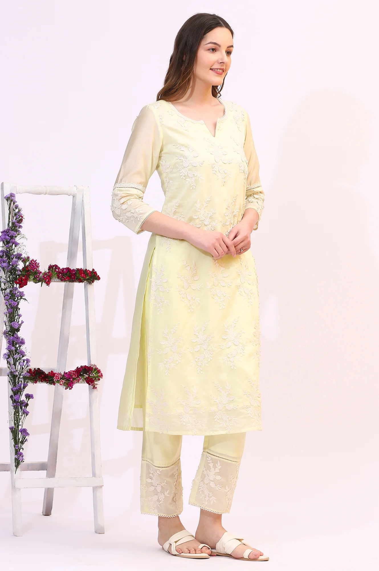 Lime Yellow Thread Embroidered Straight Kurta, Pants and Dupatta Set - Image 7