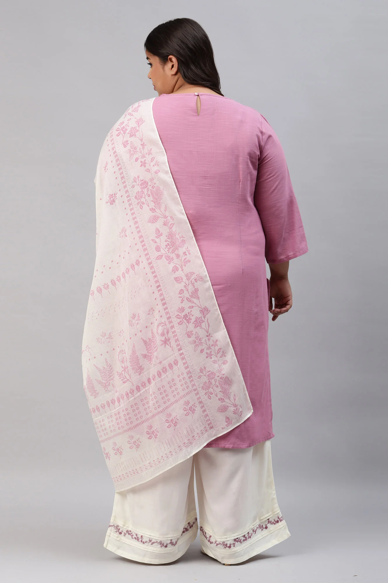 Liva Eco Plus Size Pink Embroidered kurta Off-White Pants And Dupatta Set - Image 2