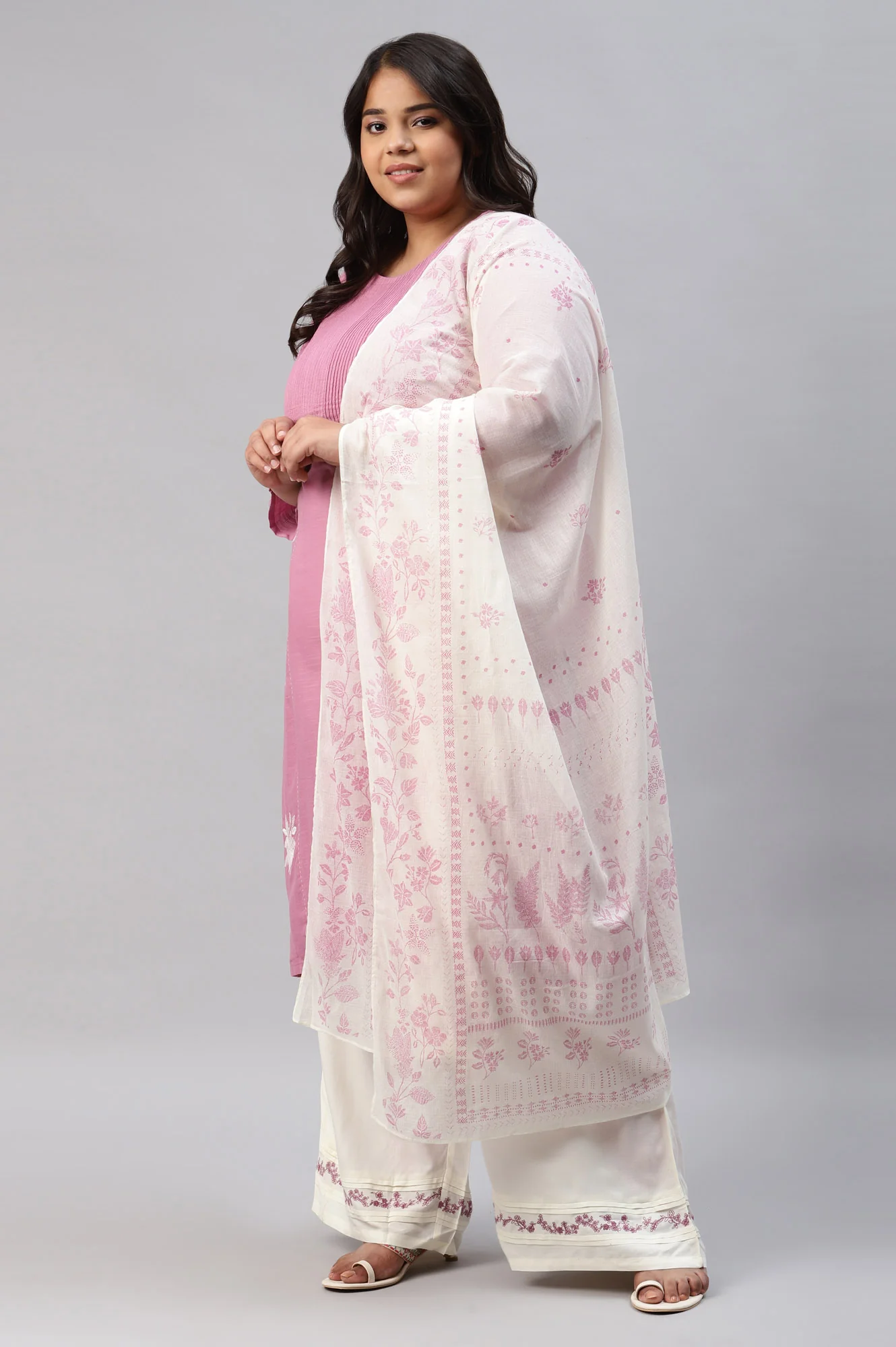 Liva Eco Plus Size Pink Embroidered kurta Off-White Pants And Dupatta Set - Image 3