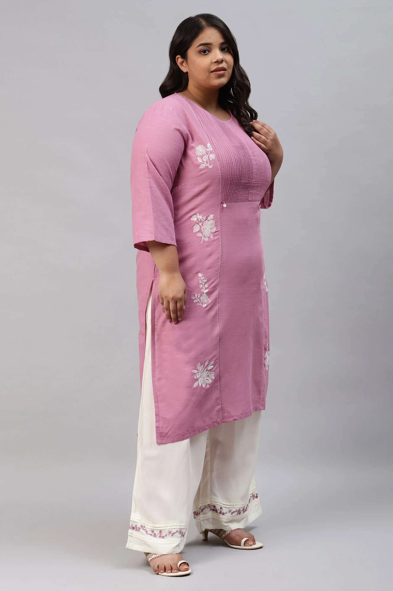 Liva Eco Plus Size Pink Embroidered kurta Off-White Pants And Dupatta Set - Image 4