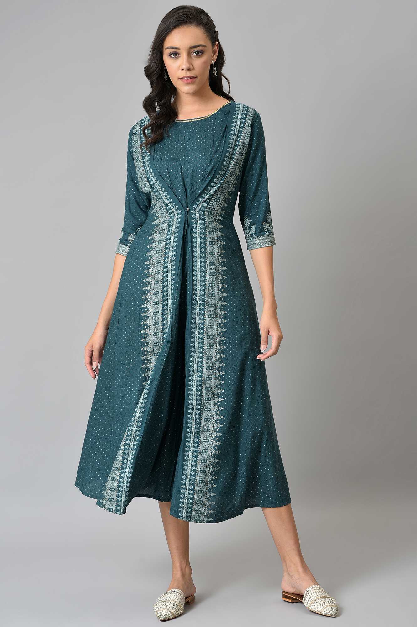 Liva Eco Teal Printed Flared Mock Layered Kimono Jumpsuit - Image 2