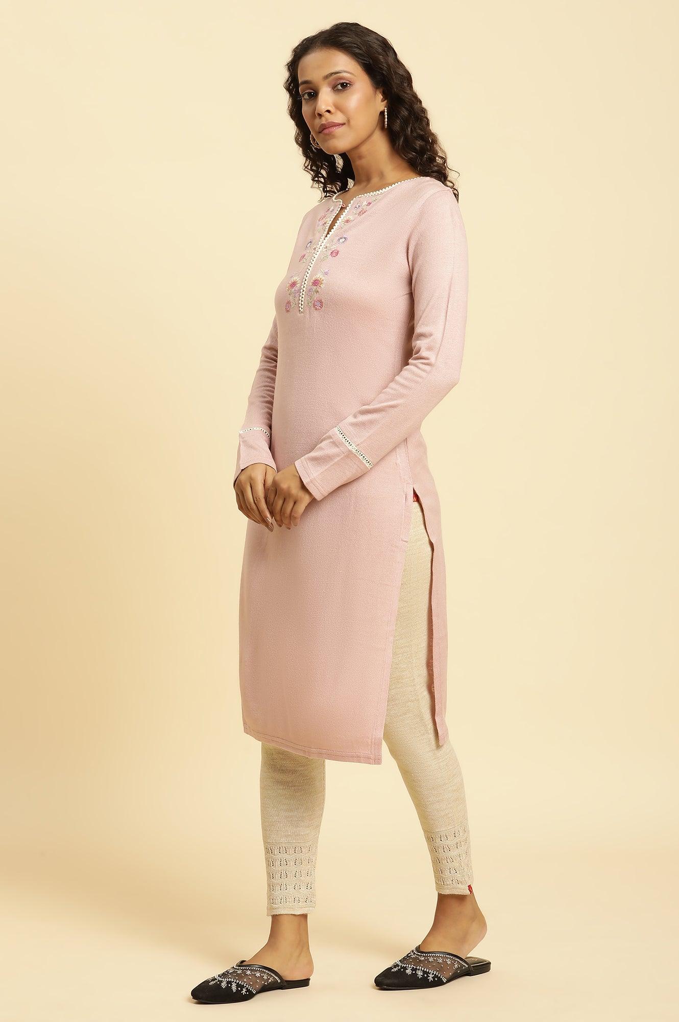 Lotus Pink Embroidered Winter Kurta - Image 3