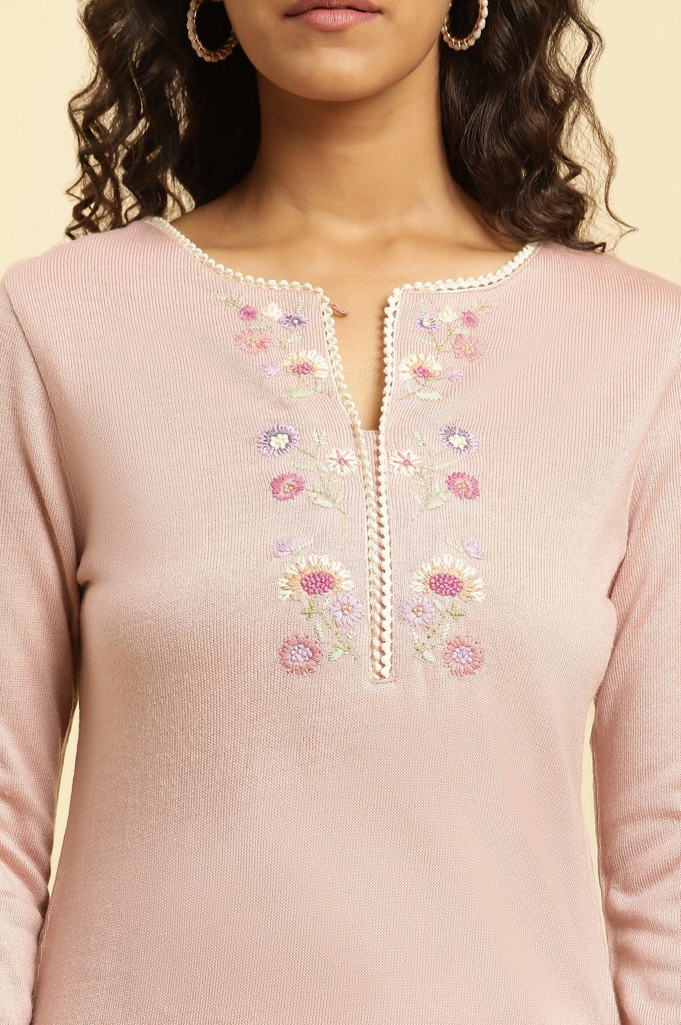 Lotus Pink Embroidered Winter Kurta - Image 6