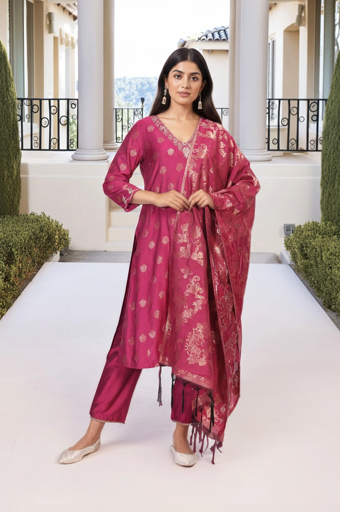 Magenta Embroidered Jacquard A-Line Kurta with Straight Pant and Dupatta Set - Image 2