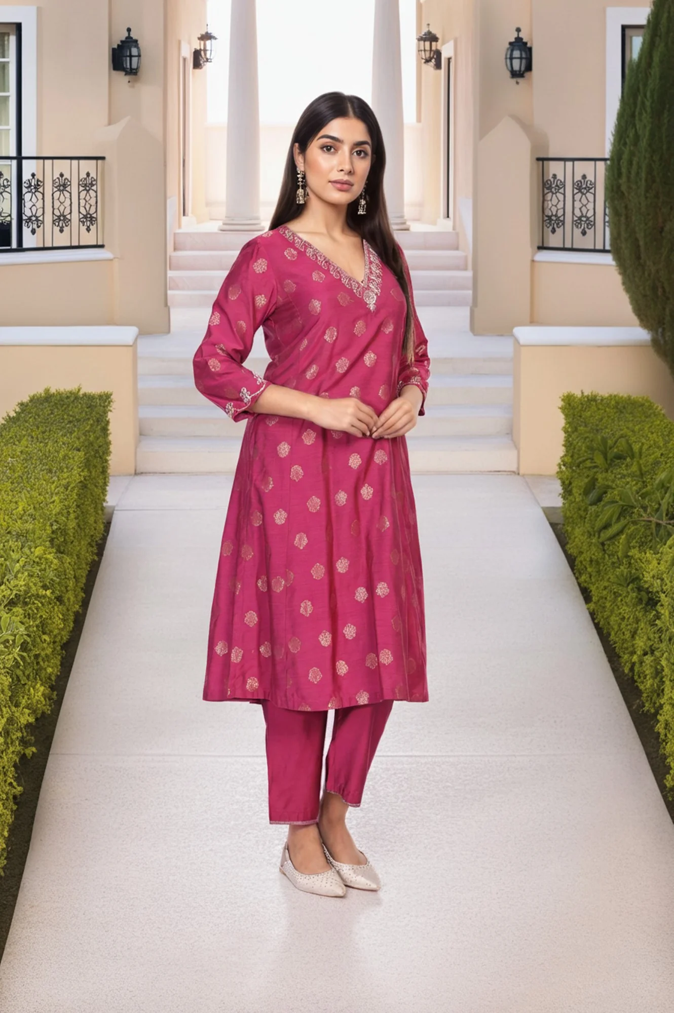 Magenta Embroidered Jacquard A-Line Kurta with Straight Pant and Dupatta Set - Image 4