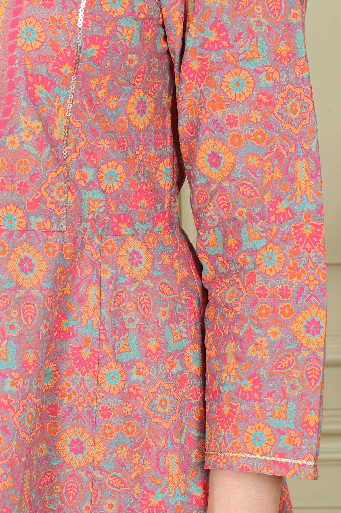 Magenta Floral Printed Pure Cotton Flared Kurta With Sequin Detail - Image 7