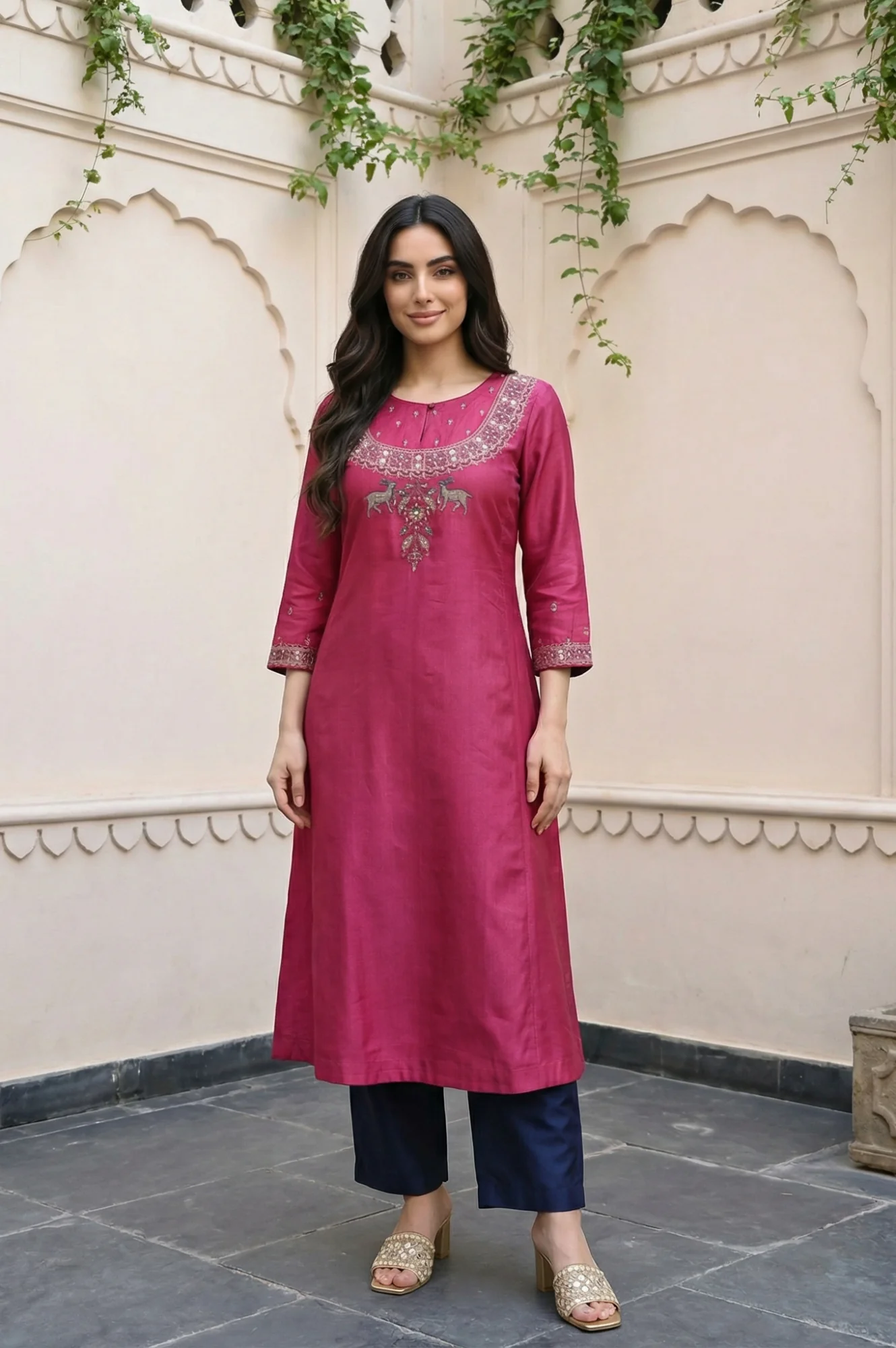 Magenta Mirror Embroidered Tussar Silk Straight Kurta
