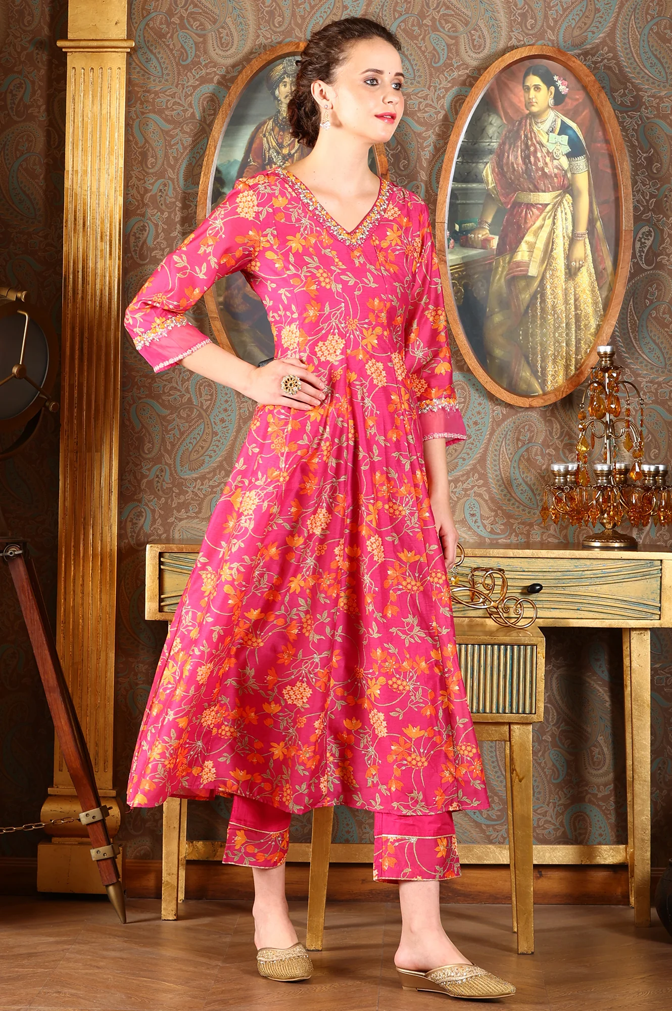 Magenta Pink Floral Printed Kalidar Flared Chanderi Kurta & Pants Set With Dupatta - Image 6