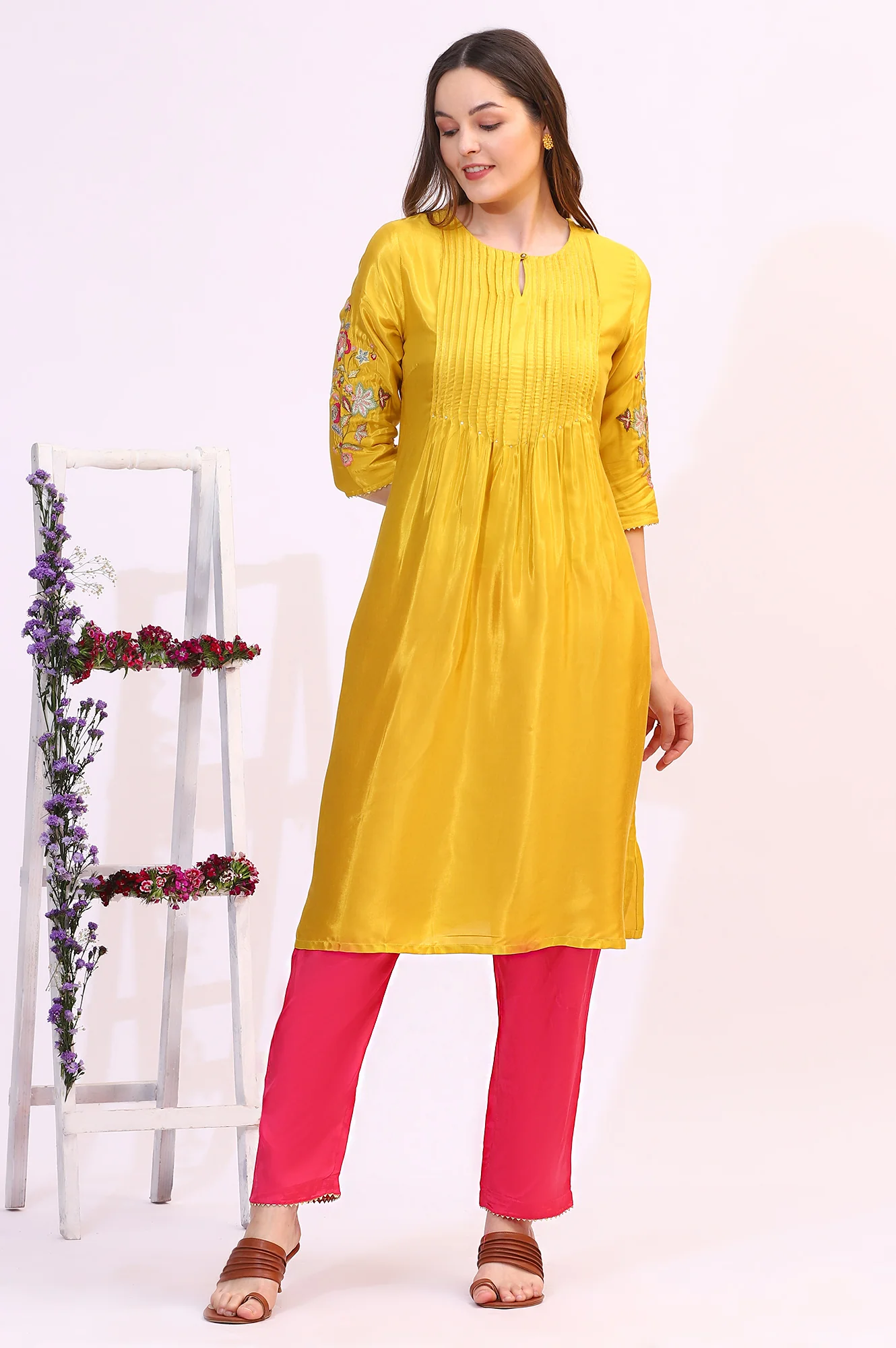 Yellow Embroidered Shantung Straight Kurta - Image 2