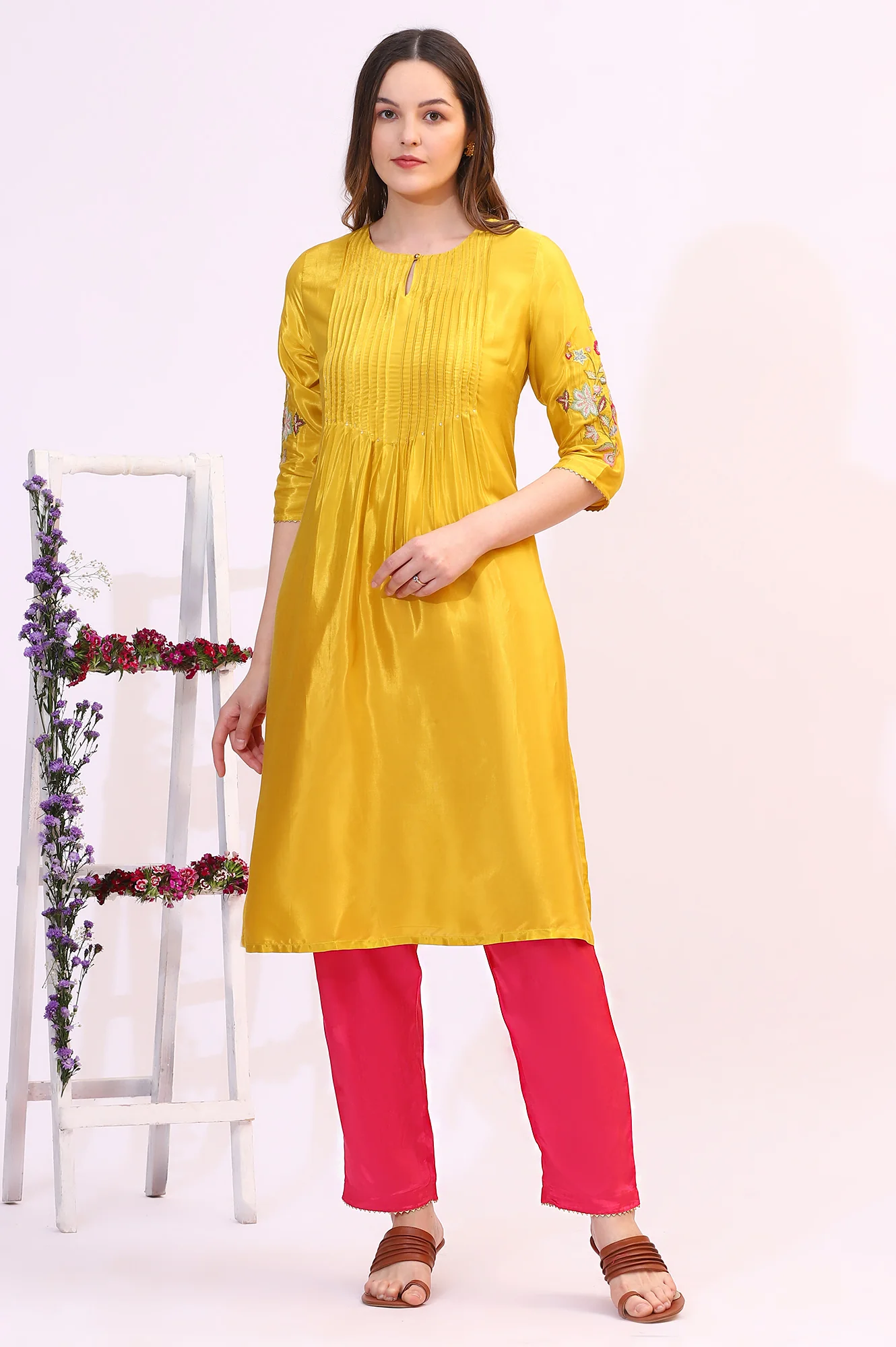 Yellow Embroidered Shantung Straight Kurta - Image 3