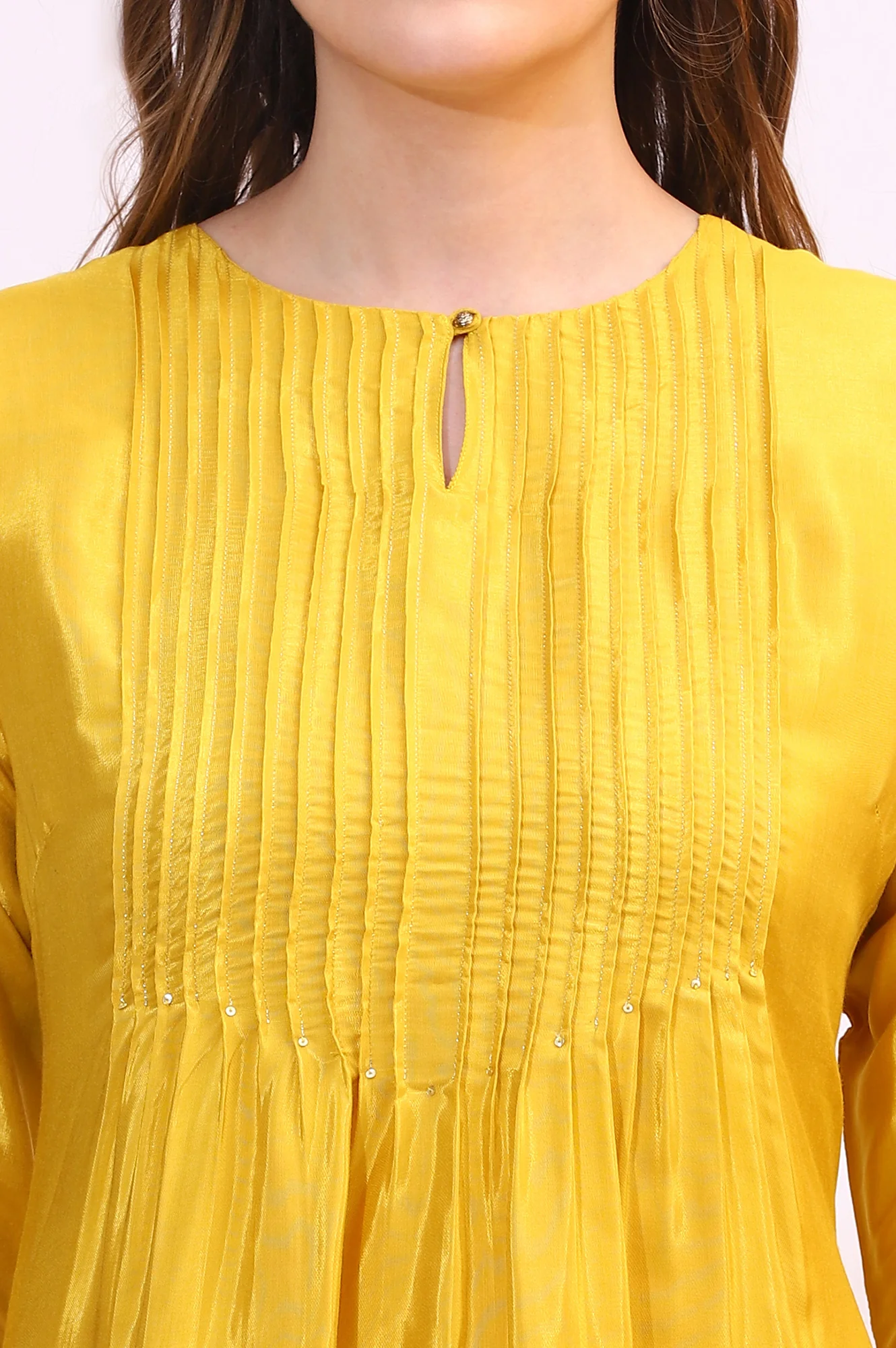Yellow Embroidered Shantung Straight Kurta - Image 4