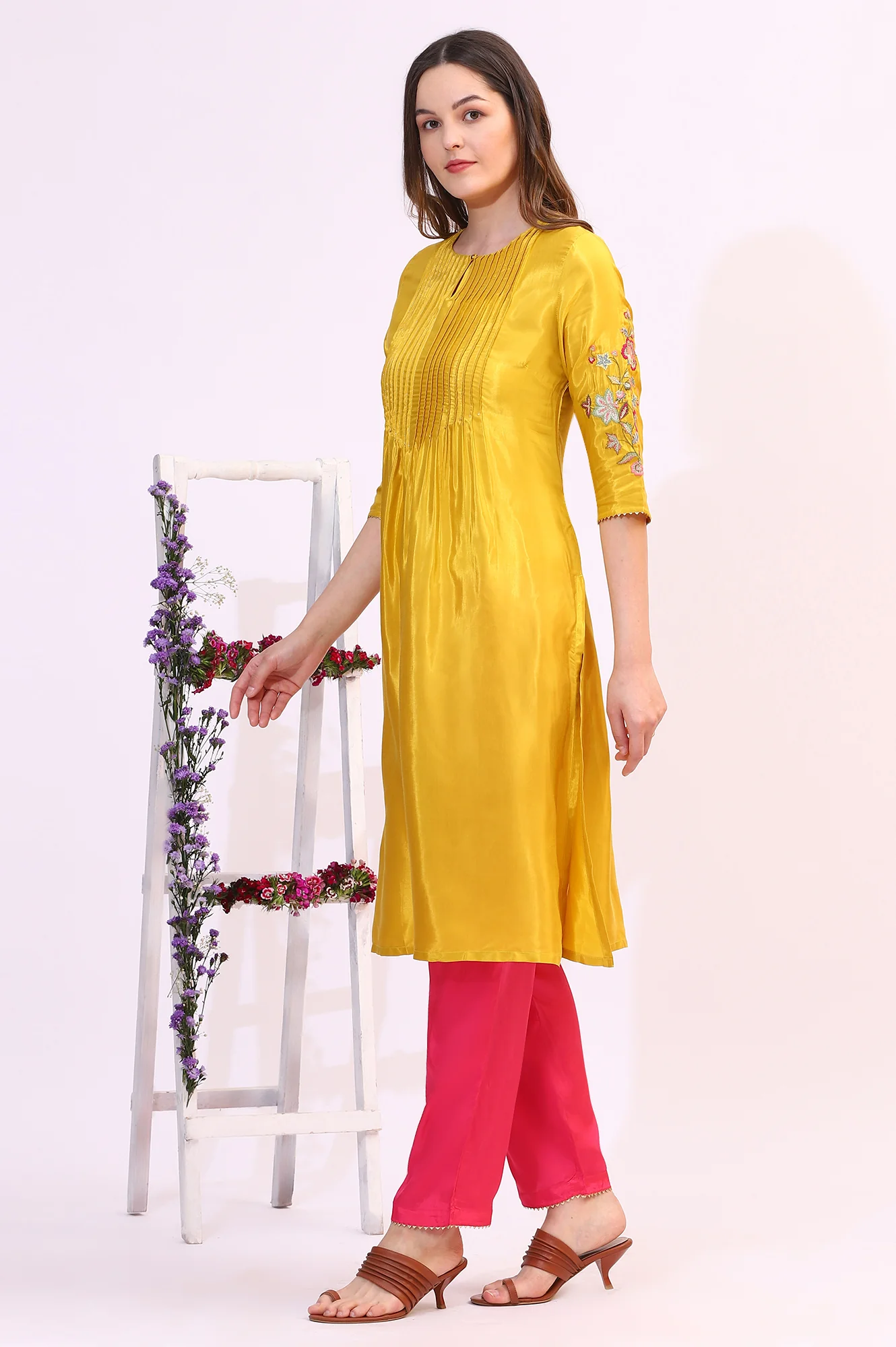 Yellow Embroidered Shantung Straight Kurta - Image 5