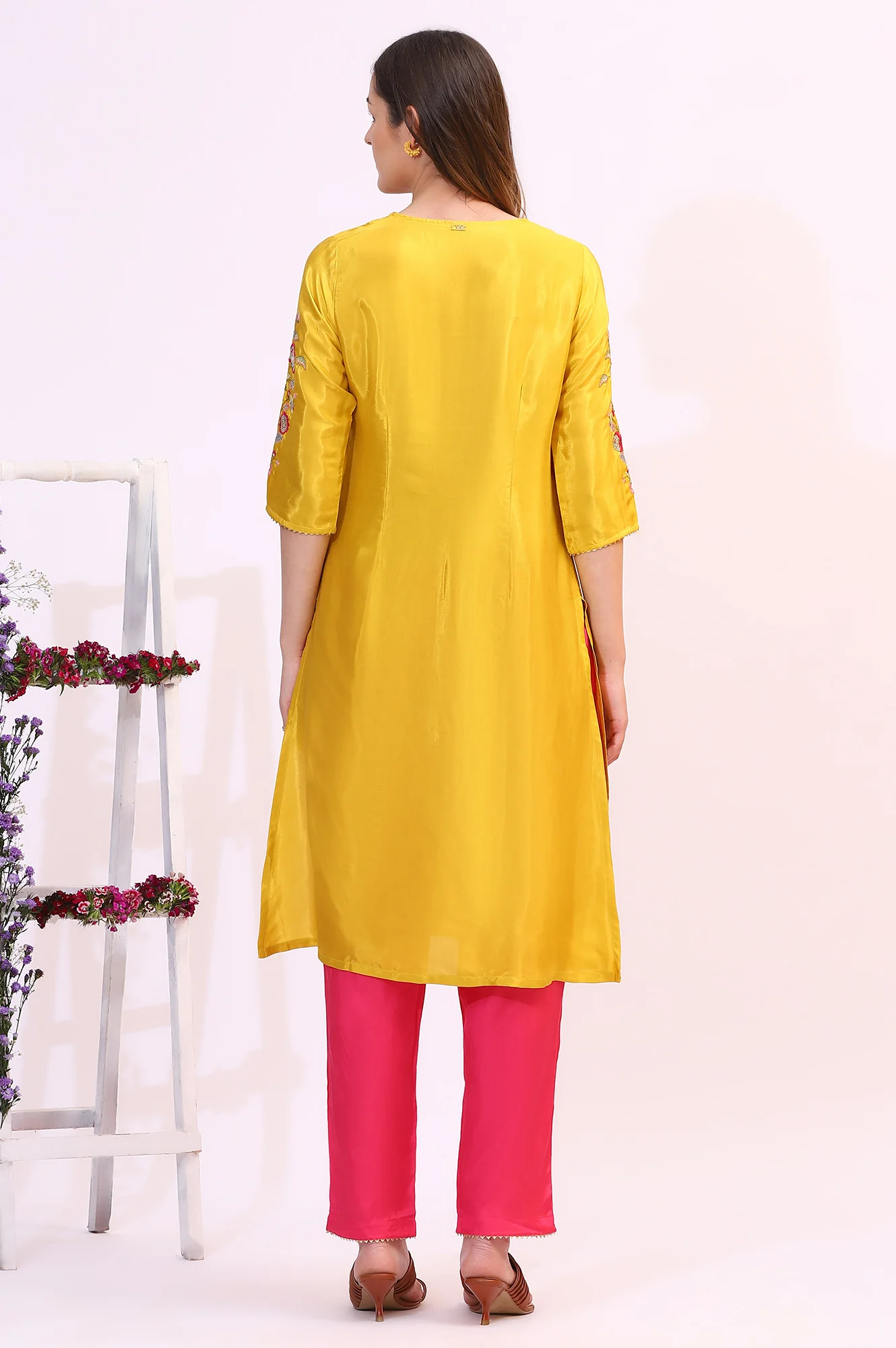 Yellow Embroidered Shantung Straight Kurta - Image 6